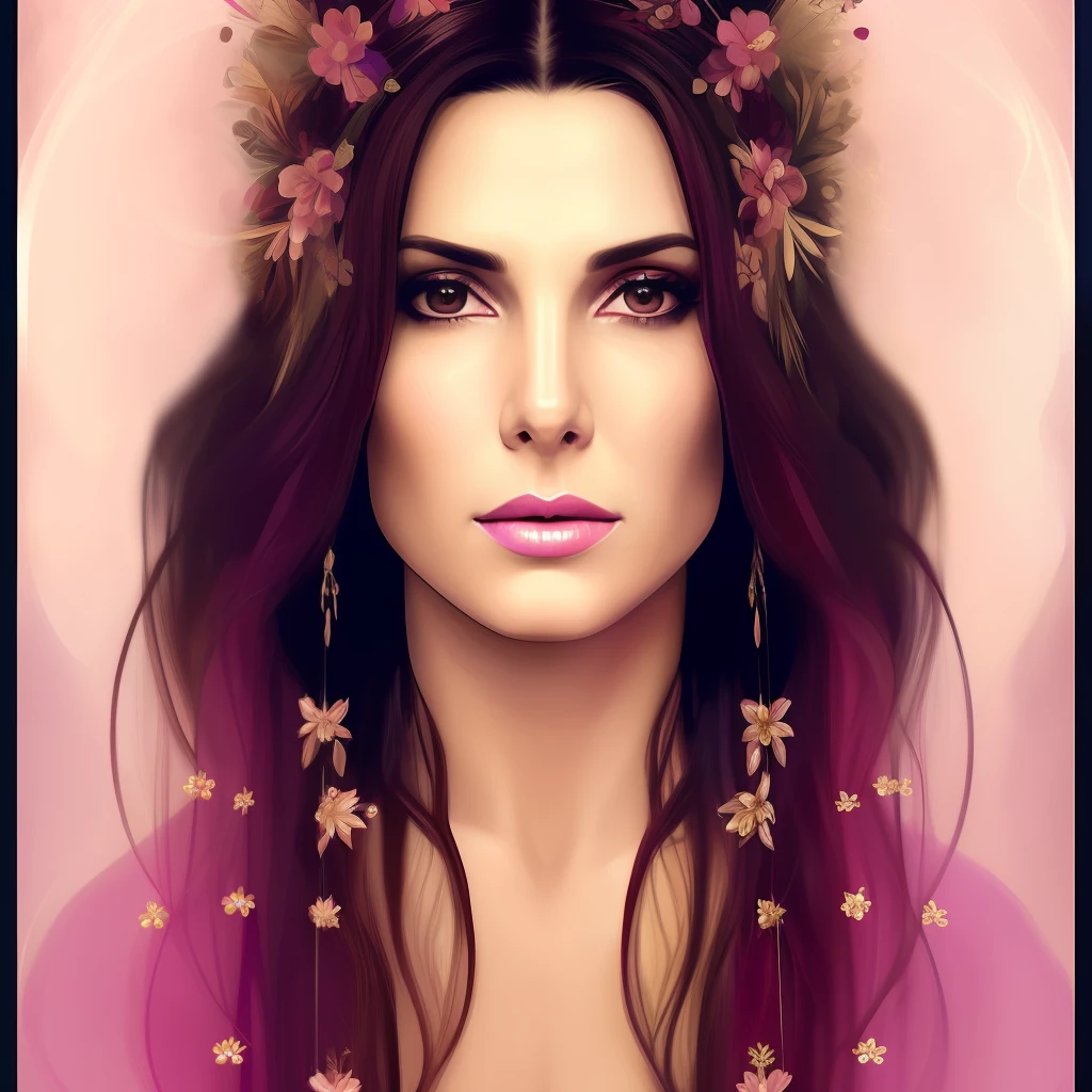 (symmetry:1.1) (portrait of floral:1.05) SKS woman as a beautiful goddess, (assassins creed style:0.8), pink and gold and opal color scheme, Beautiful Intricate File Grid Face Paint, Convoluted, Elegant, Highly detailed, Digital Painting, art stations, Concept art, Smooth, Sharp Focus, Illustration, art by greg rutkowski and alphonse mucha, 8K、Purple hair、A slight smil