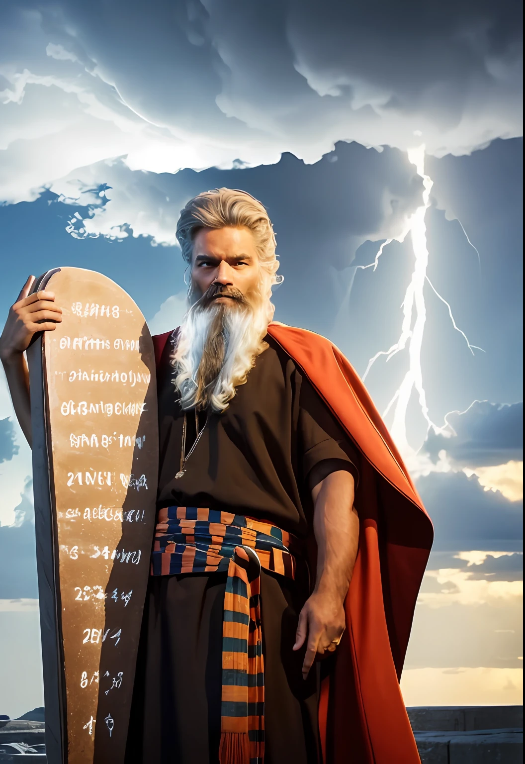 OldEgyptAI, pharaon head, a storm in the background behind him,cloud, cloudy sky, Standing At Attention,(Upper_body), holding two large stone plaque with numbers writing on it's, red cape, long beard, White_hair,Short_hair,Blue_eyes, 1 old Man, looking at viewer,(closed mouth:1.0), serious, official art,extremely detailed CG unity 8k wallpaper, perfect lighting,Colorful, Bright_Front_face_Lighting, (masterpiece:1.0),(best_quality:1.0), ultra high res,4K,ultra-detailed, photography, 8K, HDR, highres, absurdres:1.2, Kodak portra 400, film grain, blurry background, bokeh:1.2, lens flare, (vibrant_color:1.2),