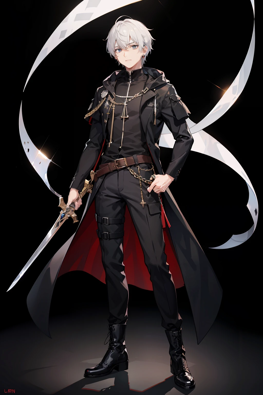Full body like,White-colored skin,White-colored skin,combat scene,whaite hair,Black pupils,Pure black eyes,Silver-toned stud earrings,shoun,crosses,bandagens,There are bandages on the hands,short detailed hair,Handsome,Libido boy,Highest image quality,the night,the night,warn,male people,hooding,cargo pants,Martin boots,Black pick dye,Long sword,crosses,crosses,nighttime scene,Black cargo pants,Black pantsuit,Streamers,wind coat