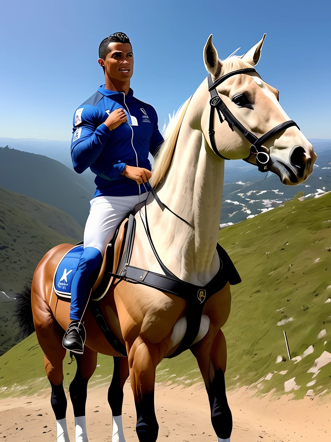 Por favor crie uma imagem extremamente realista do Cristiano Ronaldo montado em cima de um cavalo, imagem de estilo faroeste