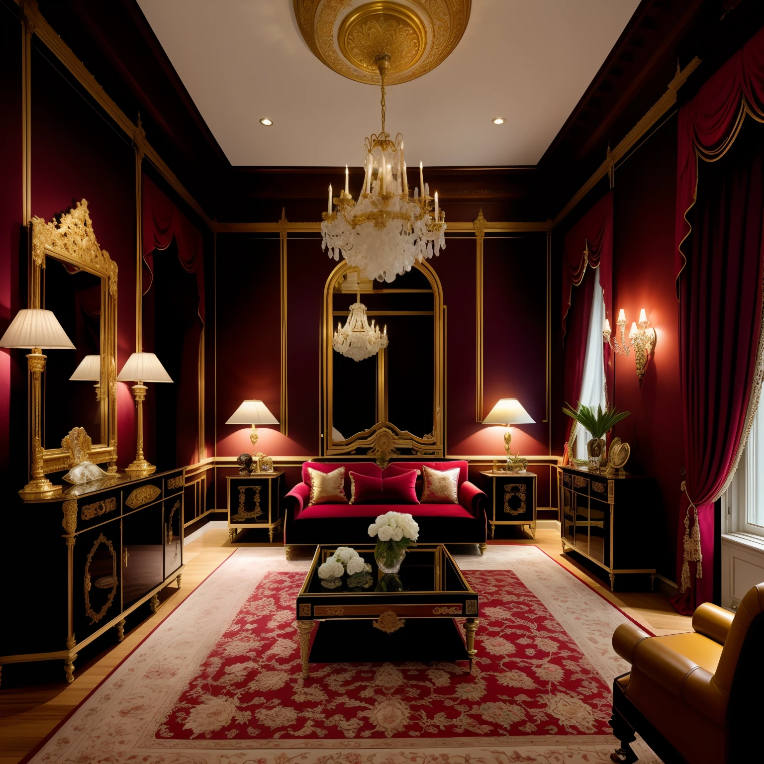 A grandiose Victorian-style room, with intricate details and luxurious furnishings.