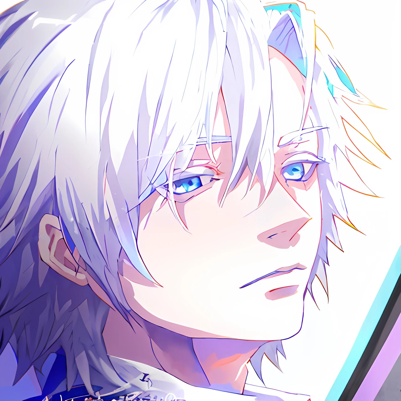 Anime boy with white hair and blue eyes staring at the camera, hajime yatate, kaworu nagisa, white haired Cangcang, , male anime character, Tall anime guy with blue eyes, White-haired Kaneki Ken, a silver haired mad, young anime man, White-haired god, kaneki ken, Male anime style