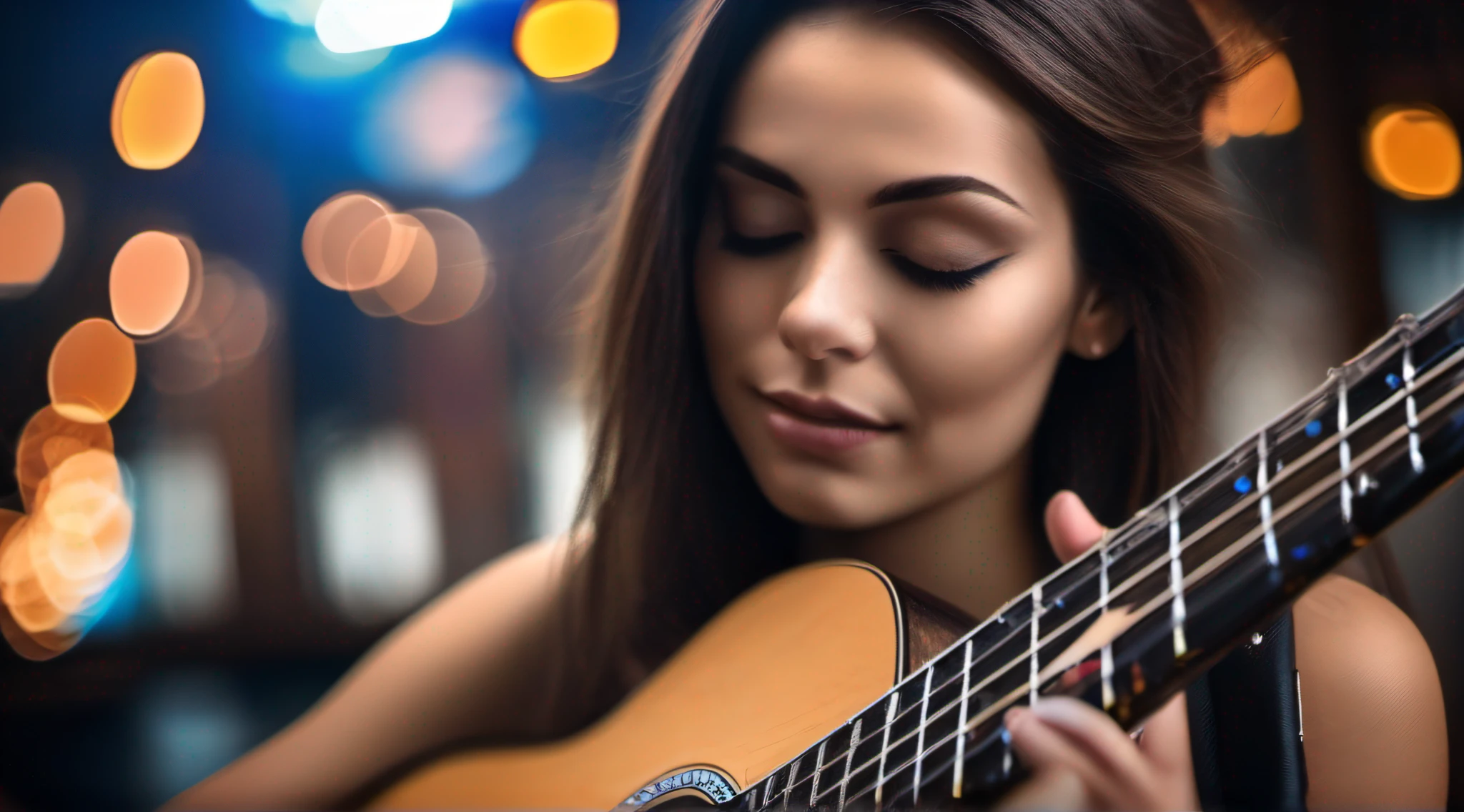 fotografia do retrato de uma mulher bonita, deitada em um pufe, segurando uma guitarra, Fujifilm, Close-up, Bokeh, F1.8