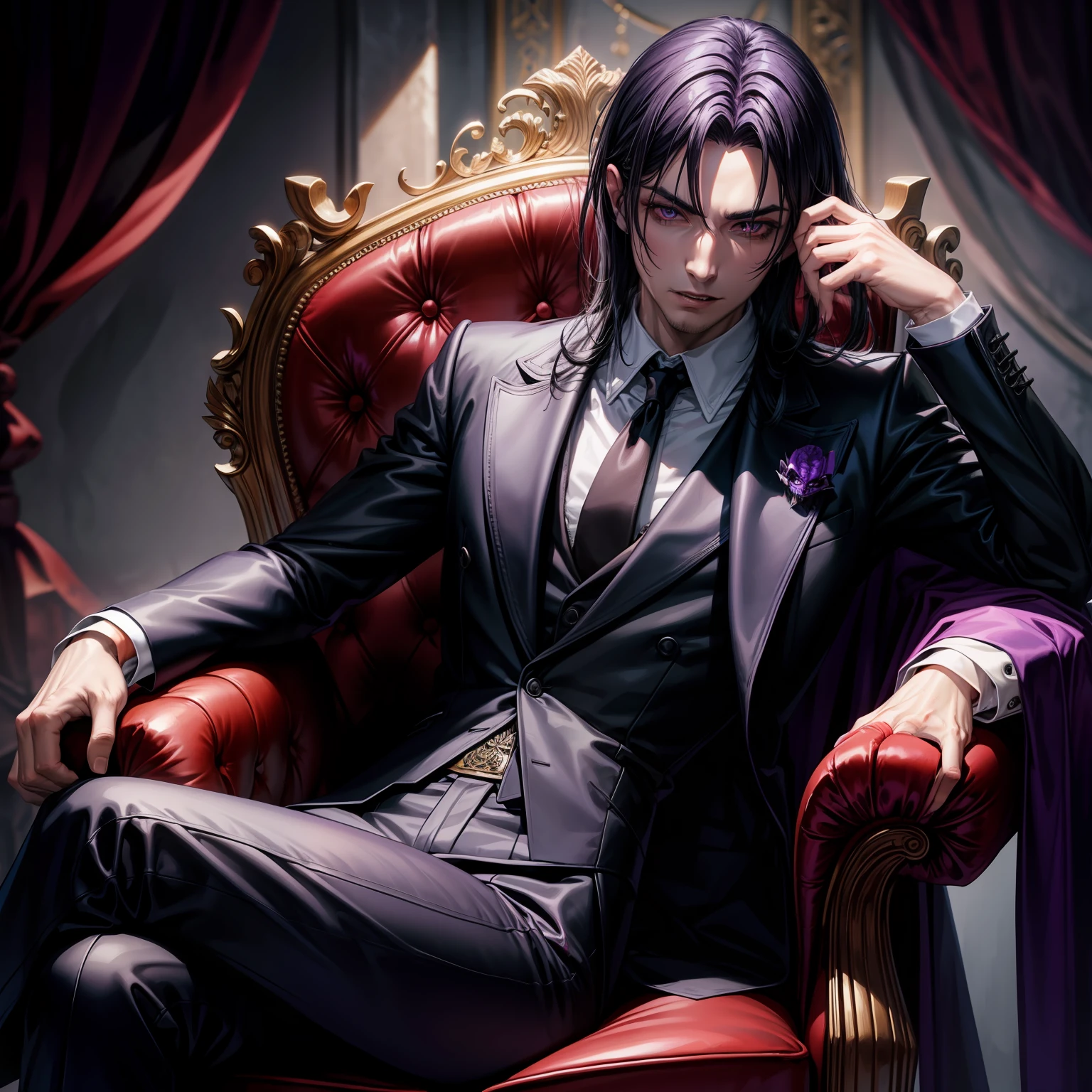 Purple skin, Vampire, a man, black hair, suit, sitting on chair, medieval background, ..bat, sharp teeth