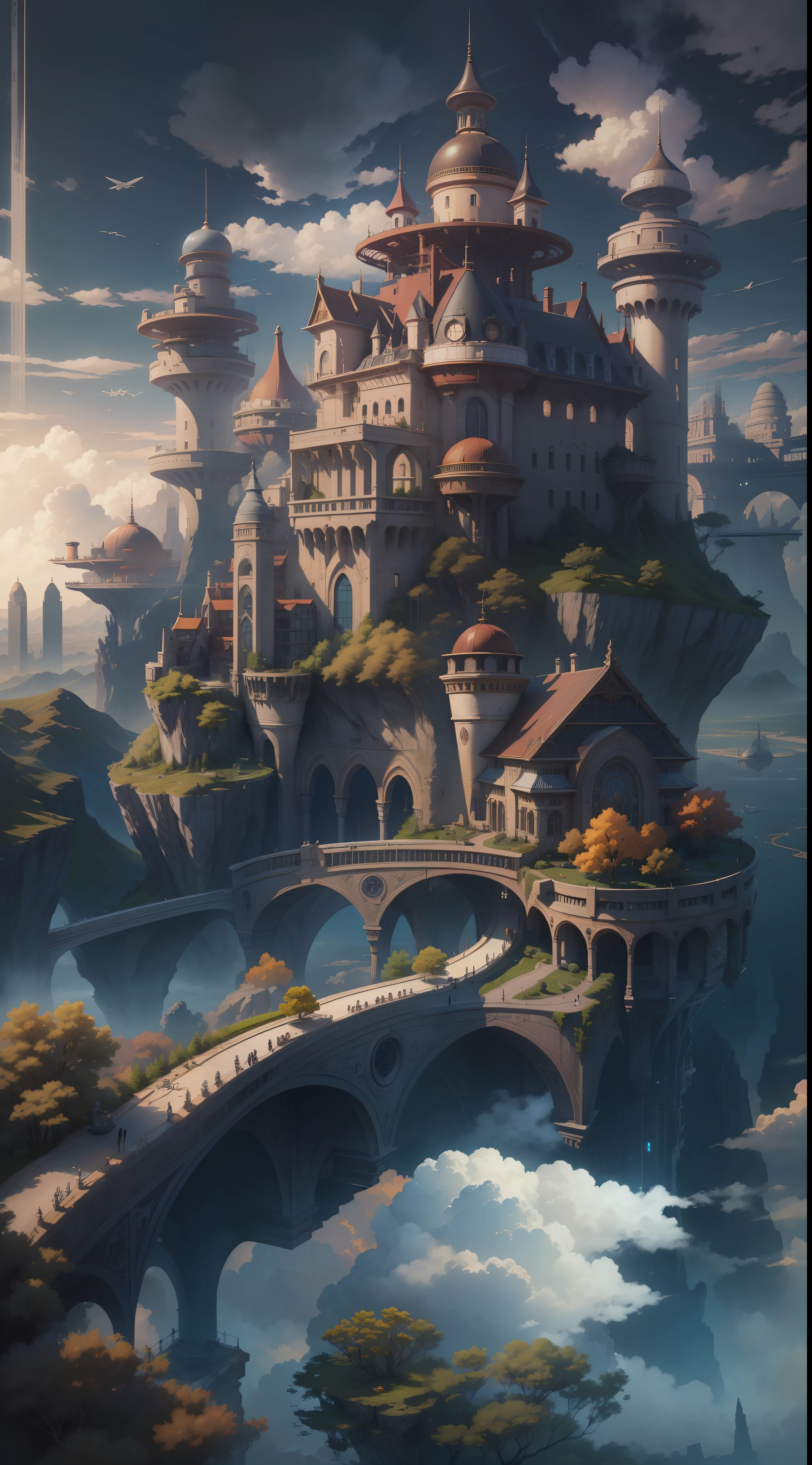 (tmasterpiece,Best quality at best,Beautiful quality,shadowing,8K:1.2),((Sky Castle)), 城市, airships, Wings, flight, Clouds, Buildings, skylines, music, Technologie, afar, fanciful, liberta, Dream