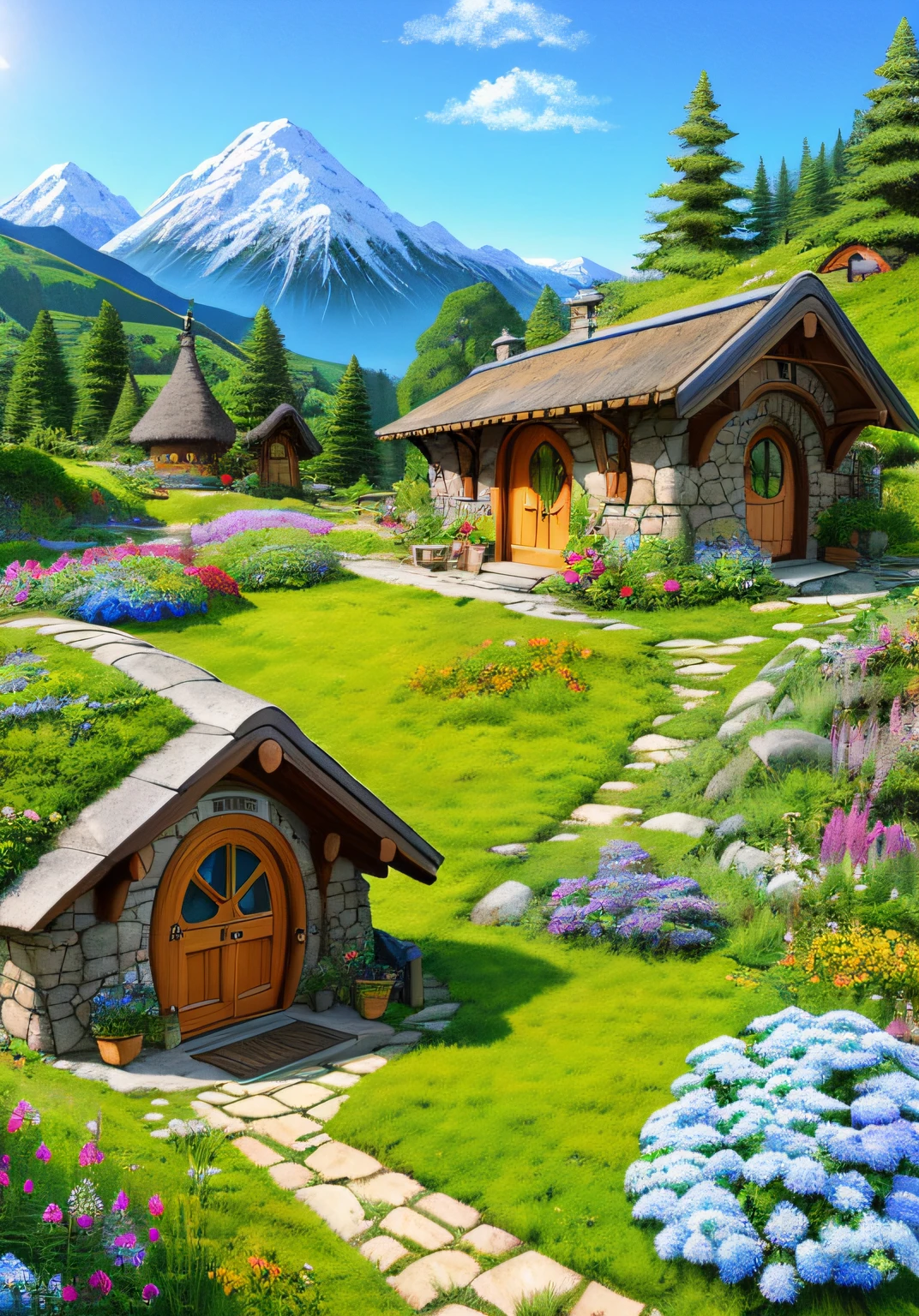 Realistic, Real life, Beautiful hobbit house in the mountains, in style of laurie greasley, by Ghibli Studio, Akira Toriyama, James Gilead, Genshin Impact, trending pixiv fanbox, acrylic palette knife, 4K, Vibrant colors, devinert, trending on artstationh
