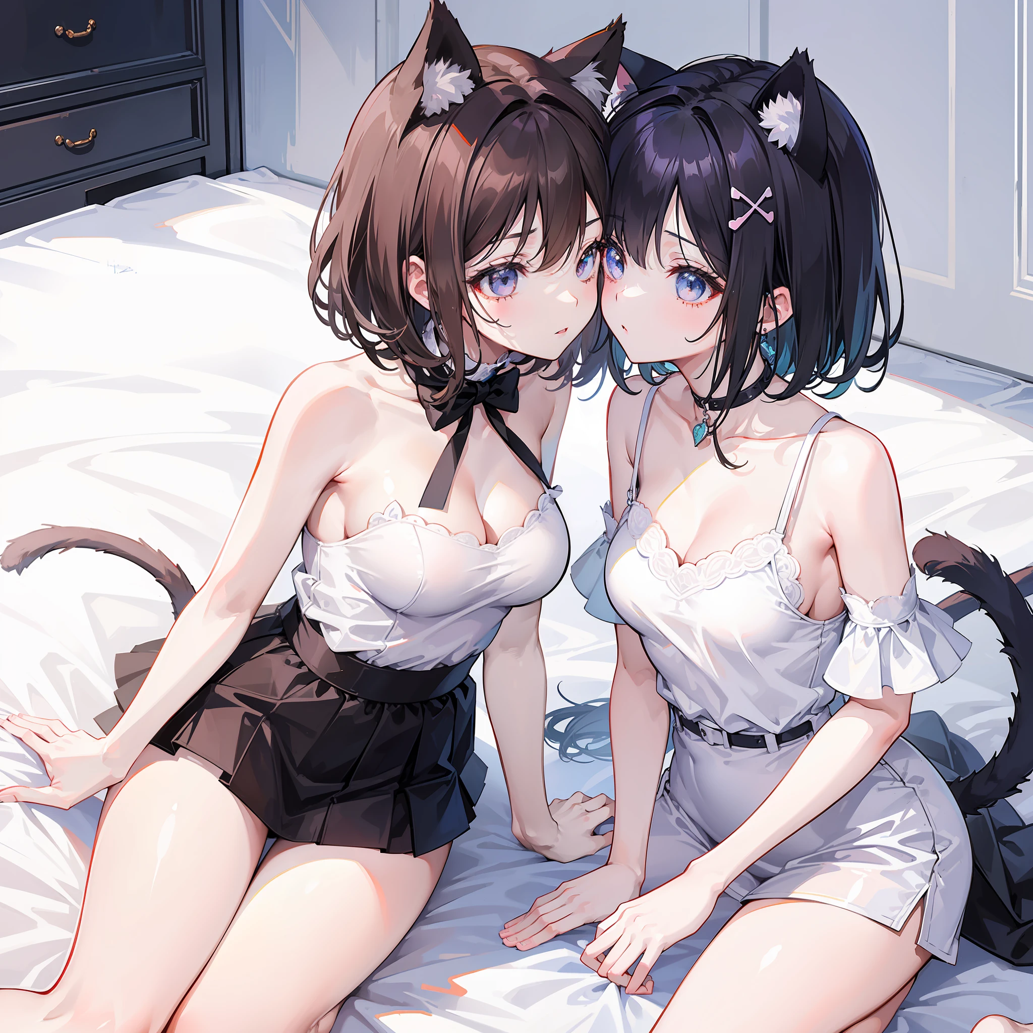 （Best quality)，（Detailed), (2girls),Kizi，There are cat ears on the top of the head，short detailed hair，brunette color hair，Medium breasts，Small camisole white vest，short white pants，Bare legged，kiss，lilie，Lesbian