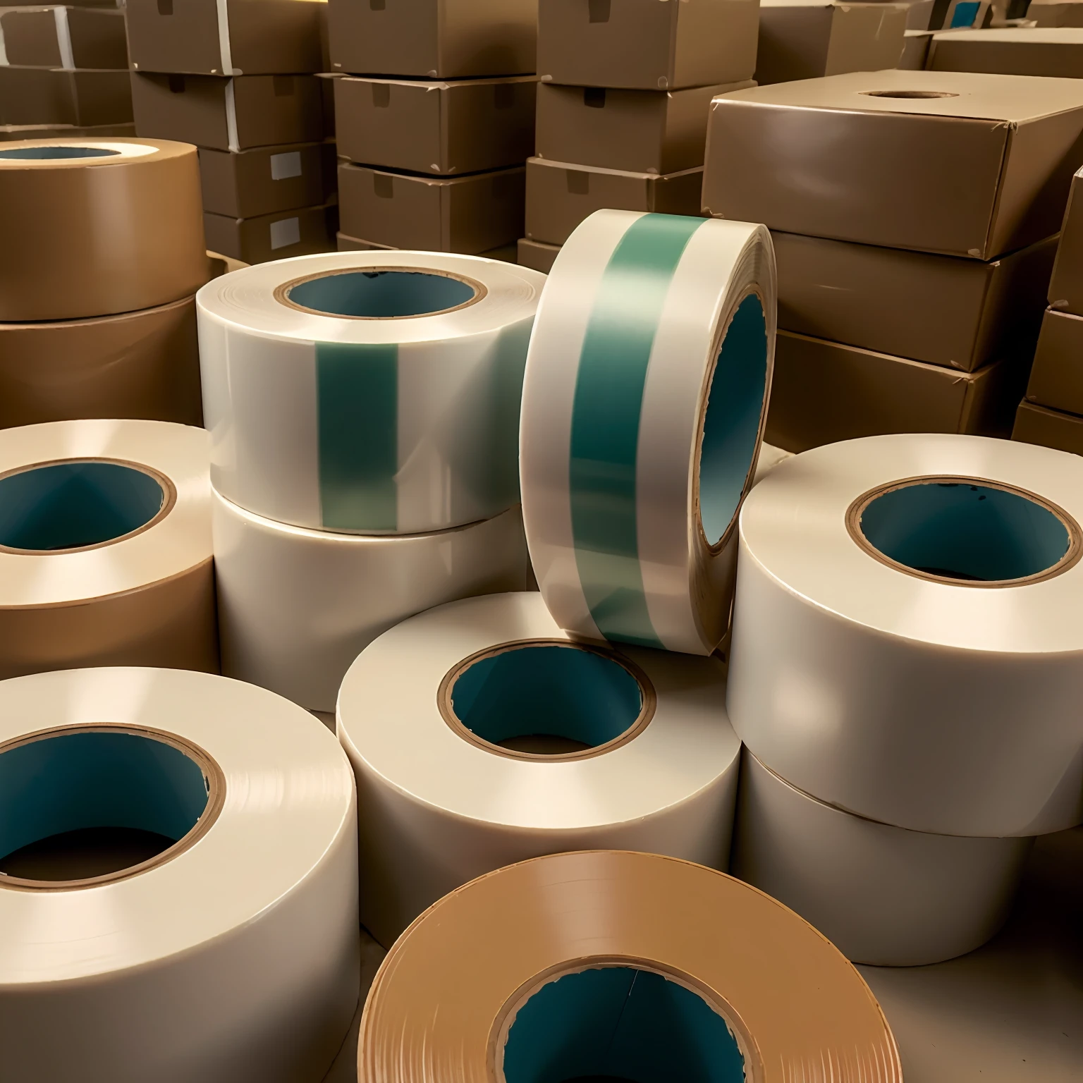 Best quality at best, Close-up of solid color tape ,The width of each roll is 45mm,Multi-volume,Creative sorting,stack,Factory production,Wholesale stores,Background of the real scene,