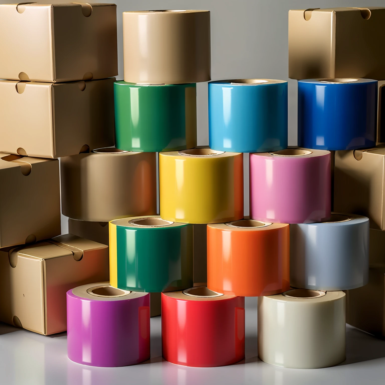 Best quality at best， Close-up of solid color tape ，The width of each roll is 45mm，Multi-volume，Creative sorting，stack，Factory production，Wholesale stores，Background of the real scene，