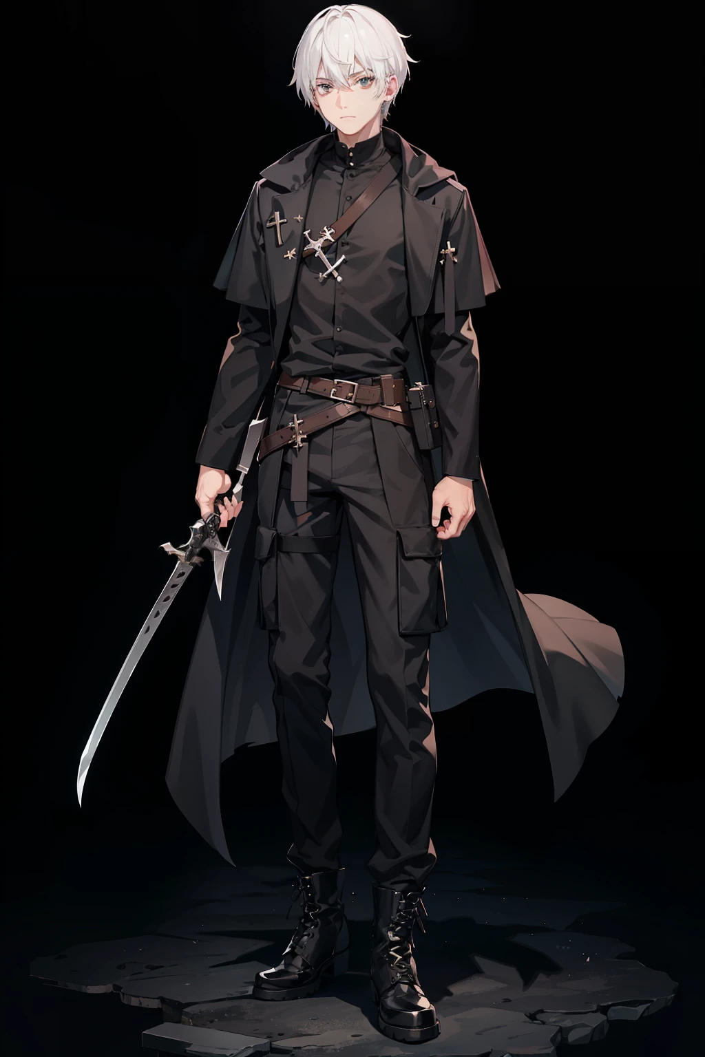 Full body like，White-colored skin，White-colored skin，combat scene，whaite hair，Black pupils，Pure black eyes，Silver-toned stud earrings，shoun，crosses，bandagens，There are bandages on the hands，short detailed hair，Handsome，Libido boy，Highest image quality，the night，the night，warn，male people，hooding，cargo pants，Martin boots，Black pick dye，Long sword，crosses，crosses，nighttime scene，Black cargo pants，Black pantsuit，Streamers，wind coat
