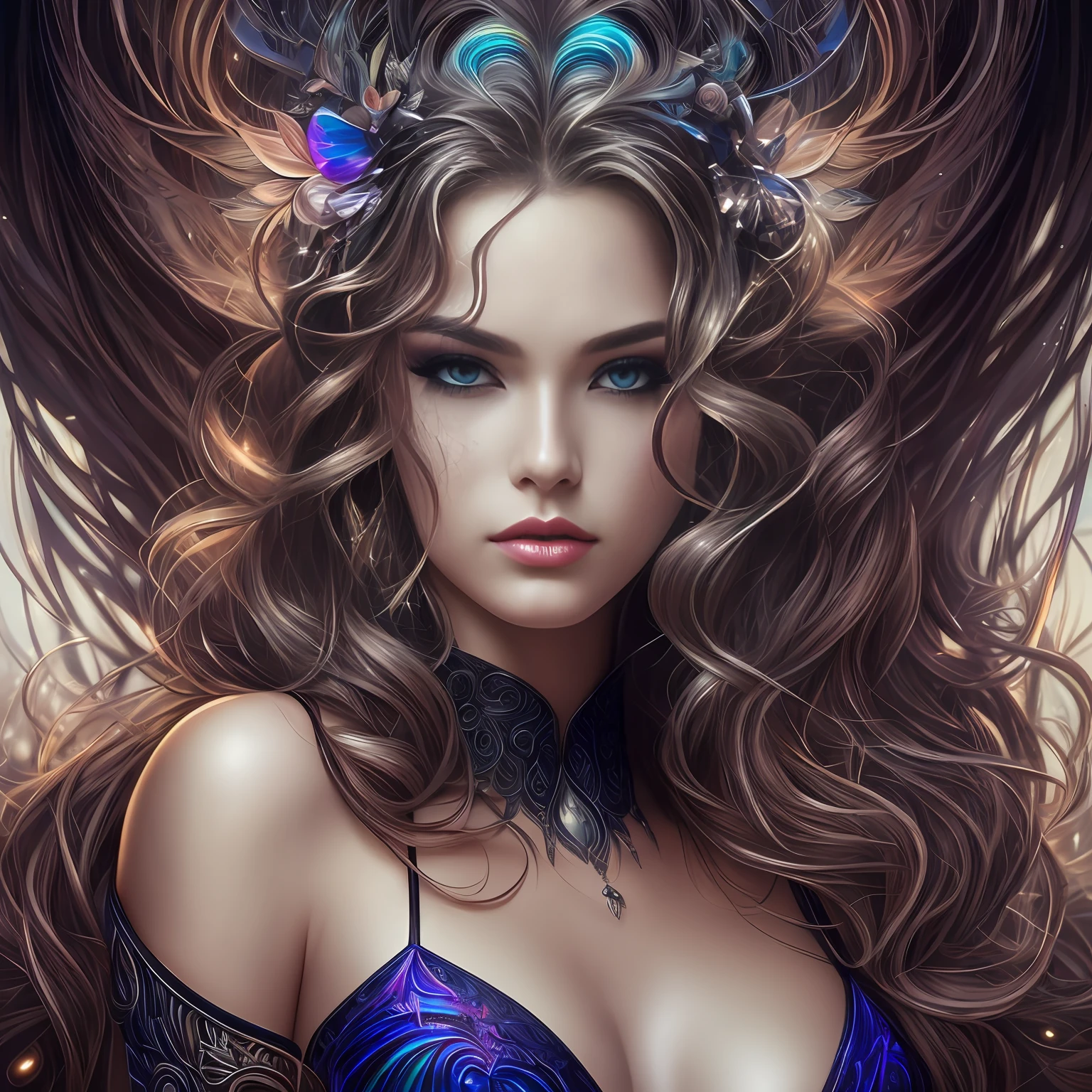Noir painting of a beautiful woman with big, wild wavy rainbow hair; hyper-realistic long lashes, hyper-detailed fantasy art; elegant, intricate, detailed, symmetrical, ethereal, iridescent, 16k face, by Artgerm, WLOP"