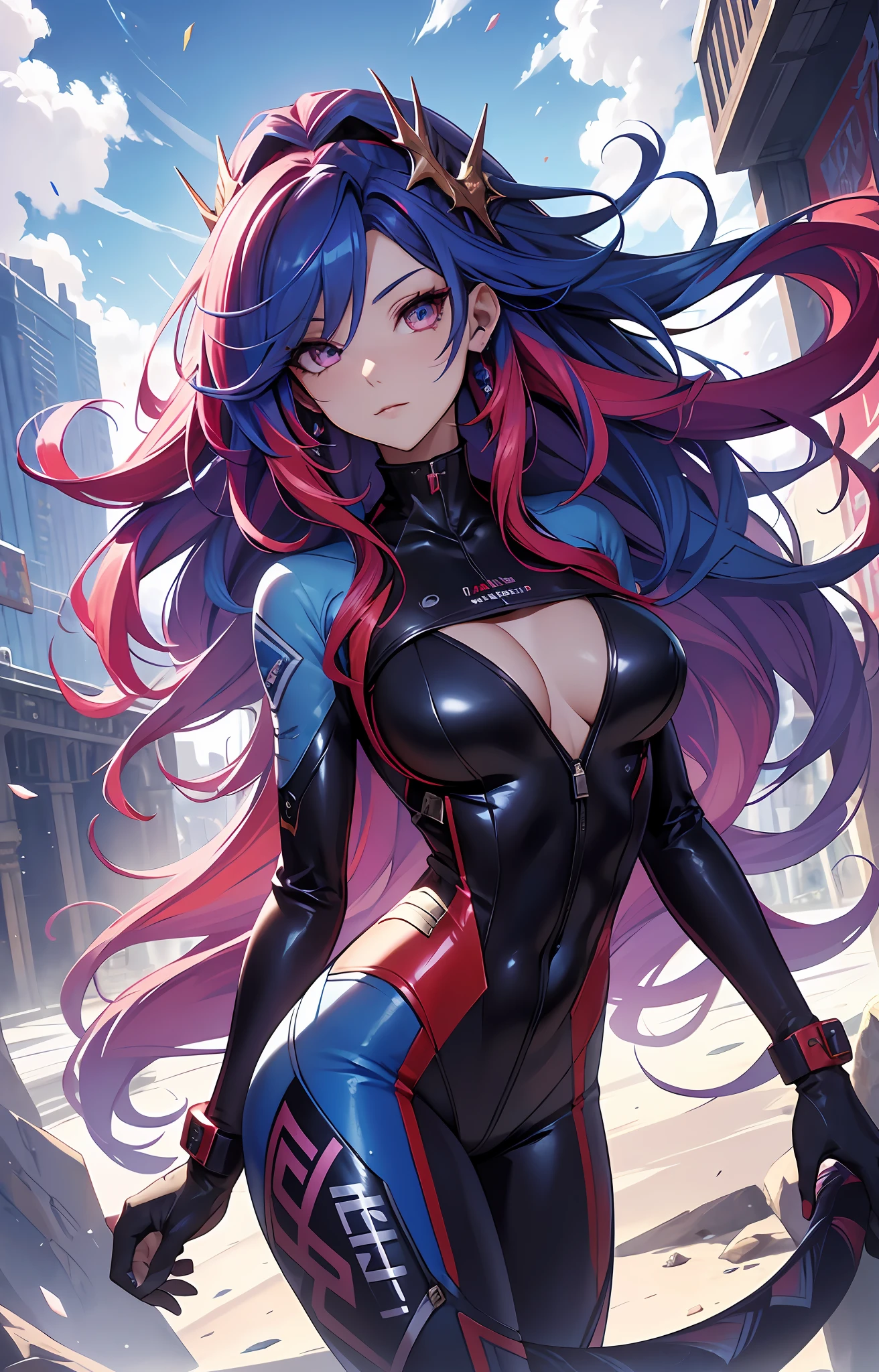 best qualityer,tmasterpiece,Ultimate resolution,downy,Extremely colorful,Colorful,Dragon beauty,A MILF,Long red and blue hair,Long messy hair,a matural female,tightsuit,The kinky is exposed,Dome,Skysky,Normal posture