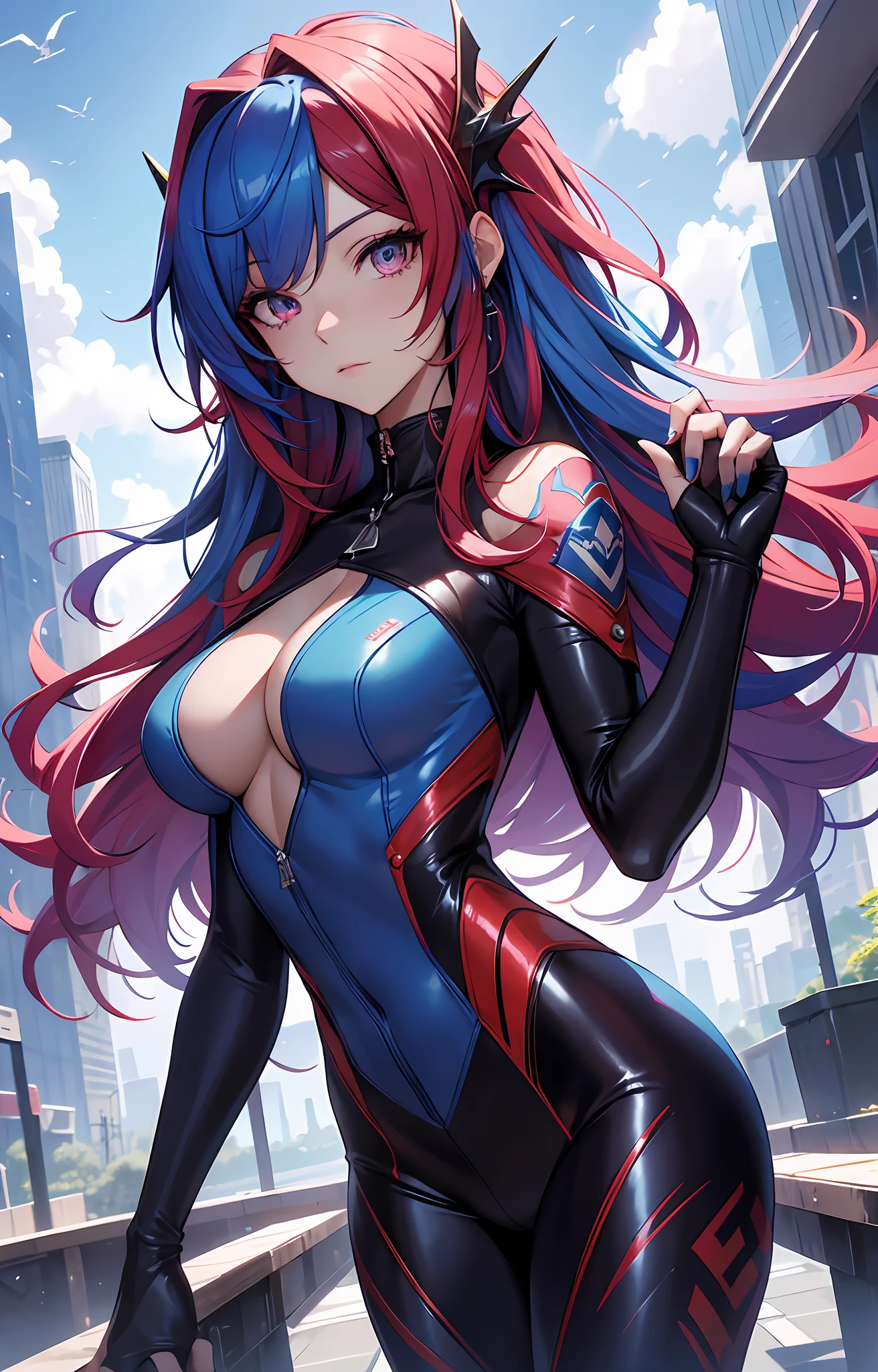 best qualityer,tmasterpiece,Ultimate resolution,downy,Extremely colorful,Colorful,Dragon beauty,A MILF,Long red and blue hair,Long messy hair,a matural female,tightsuit,The kinky is exposed,Dome,Skysky,Normal posture