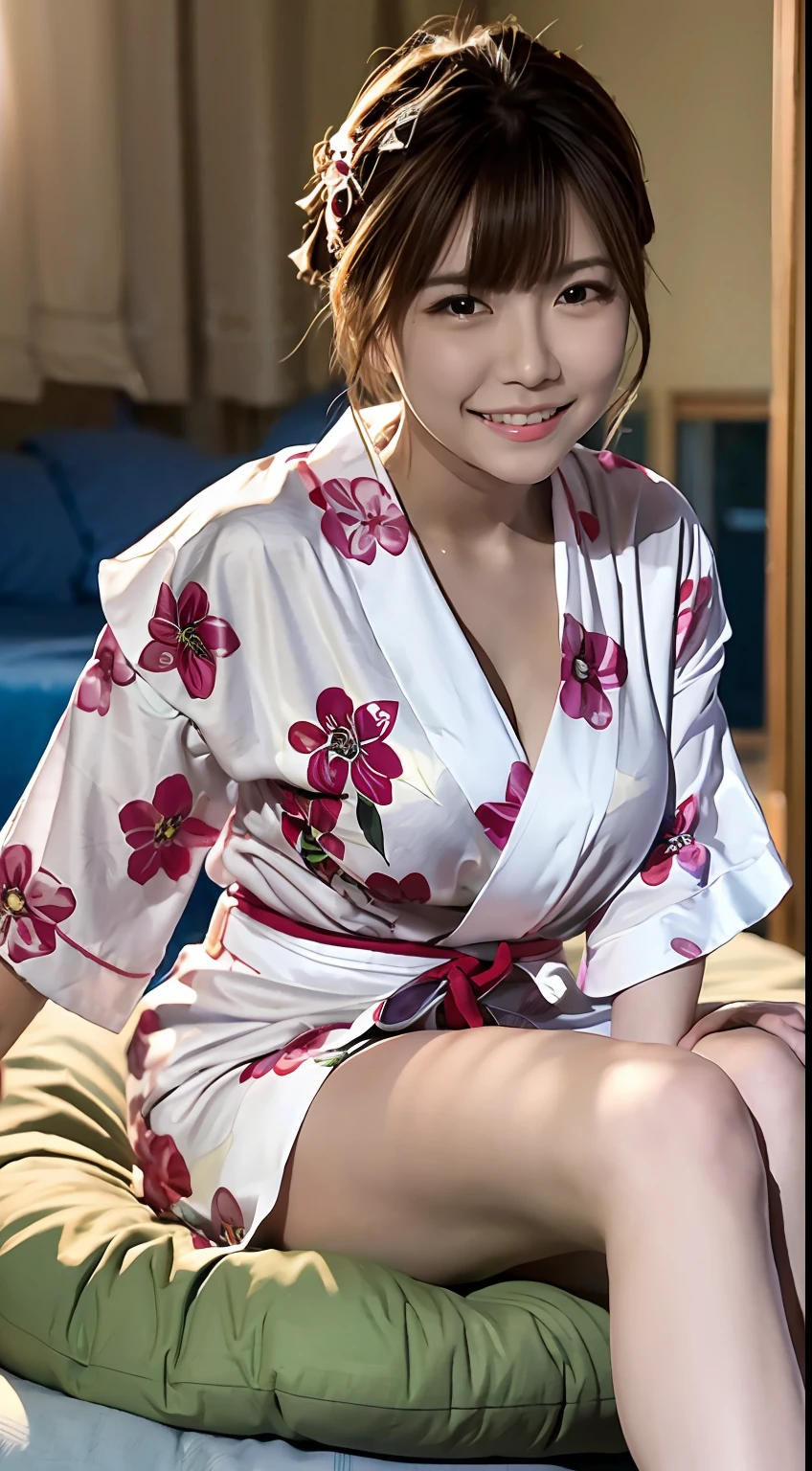 top-quality、超A high resolution、(Photorealsitic:1.4)、女の子1人、inn、floral Yukata、Chest wide open、(A dark-haired:1)、(huge-breasted:1.2)、looking at viewert、Bring your chest together、With his legs wide open、 (Sitting on a futon))、A smile、Put your hands behind your back