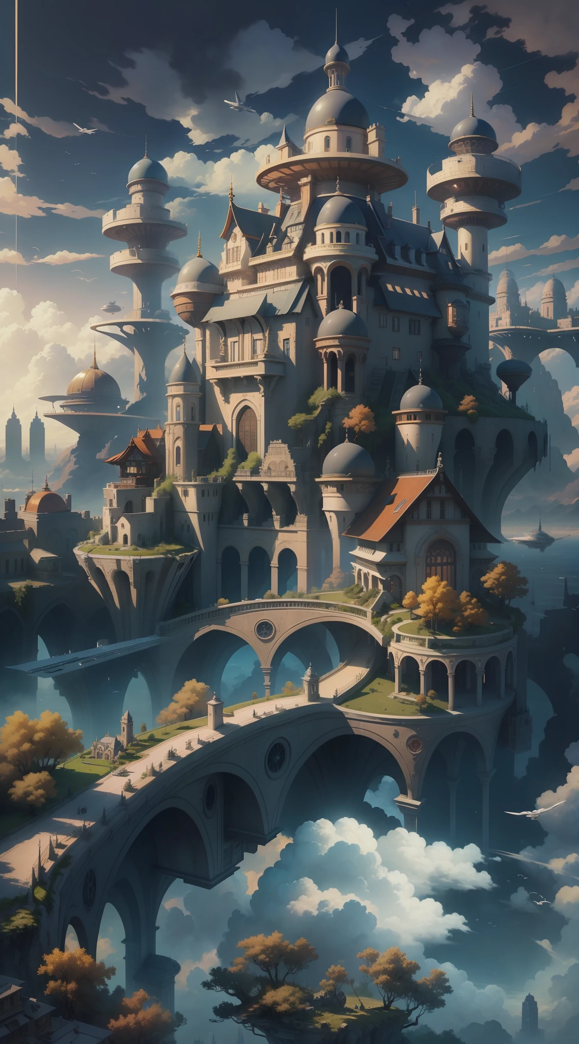 (tmasterpiece,Best quality at best,Beautiful quality,shadowing,8K:1.2),((Sky Castle)), 城市, airships, Wings, flight, Clouds, Buildings, skylines, music, Technologie, afar, fanciful, liberta, Dream