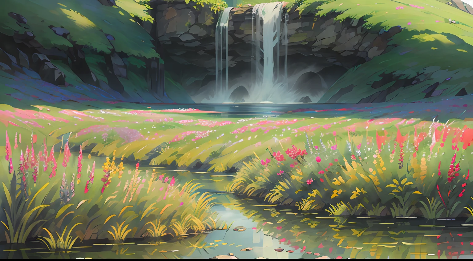 Computer visualization graphics,watercolor paiting,Realistic fantasy,Extensive landscape ultrasound photography(Generic view display)
Eau, Reflectors, Logan woven glass, There are orchids inside, The tree, Mossy, vague background, rays of sunshine, amarelo, green color, fond violet,A plant,Sky blue, Warmth, magick,The background is full of sunlight,Blue sky and blazing sun,Flowing with sunlight (8K,best qualtiy,tmasterpiece:1.2)