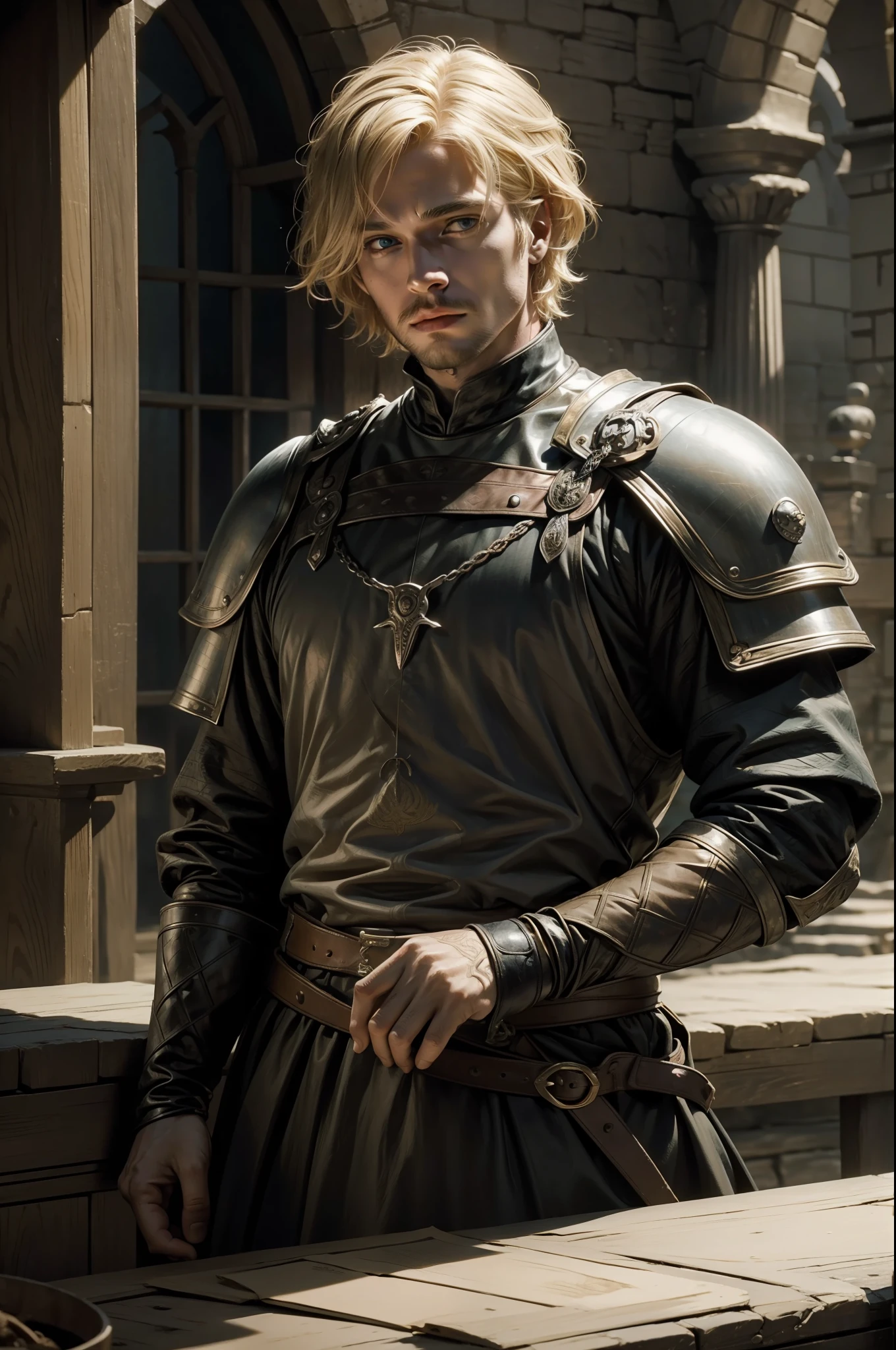 (masterpiece, ultra detailed), a man with blond hair, short hair, wearing medieval clothing, Game of Thrones style, male