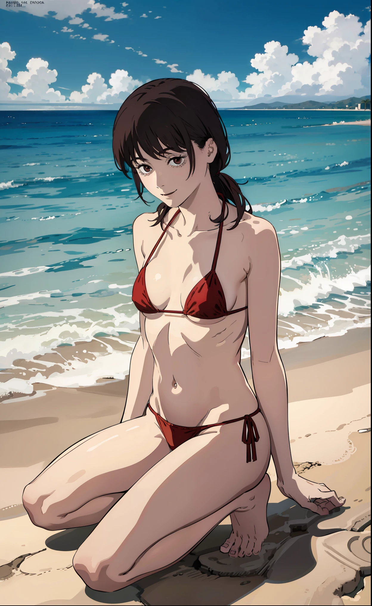 1girl,((sexi bikini,micro bikini)), cuerpo completo, flaco, en la playa, ((Portada de la revista)), small boobs, Kobeni, vello pubic,muslos gruesos,caderas anchas,Obra maestra, La mejor calidad,((sentada de piernas abiertas en la arena)),pelota de playa,brown eyes,Shy look, leve sonrisa, coy smile ,Mirando al espectador,playa europea,arena blanca