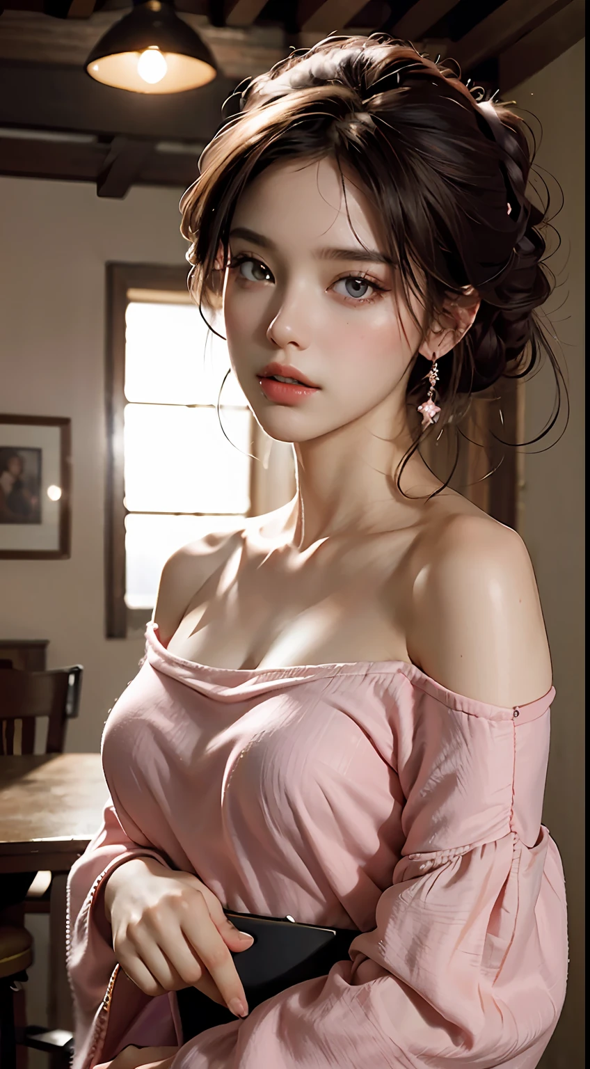 Best Quality, Masterpiece, Ultra High Resolution, (Realisticity: 1.4), Original Photo, 1girl, Pink Off-the-Shoulder, Cinematic Lighting