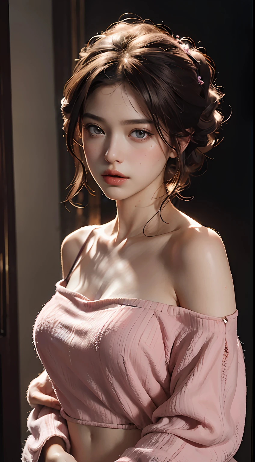 Best Quality, Masterpiece, Ultra High Resolution, (Realisticity: 1.4), Original Photo, 1girl, Pink Off-the-Shoulder, Cinematic Lighting