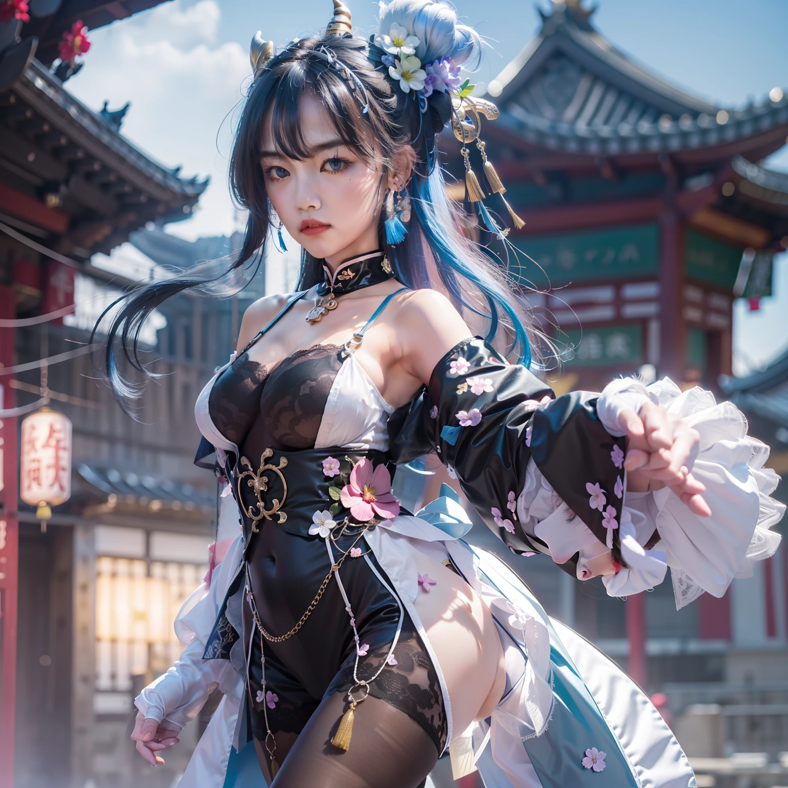 ganyu\(genshin impact\), 1girl, ahoge, architecture, bangs, bare shoulders, bell, black gloves, black tights, ((blue hair), blush, breasts, chinese knot, sleeve, East Asian architecture, flower knot, glove, horn, long hair, looking at the audience, medium chest, neckbell, night, outdoor, pantyhose, purple eyes, sideburns, solo, tassels, white sleeves, ((masterpiece))