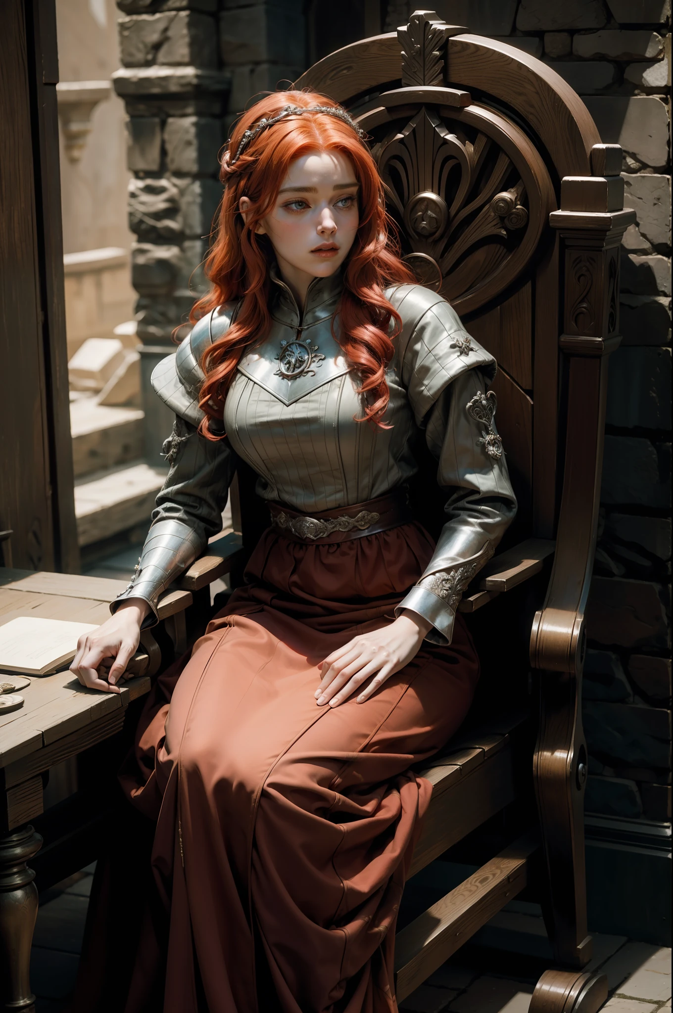 (masterpiece, ultra detailed), a red-haired princess, sitting in the wheelchair, wearing medieval clothes, melancholic, Game of Thrones style