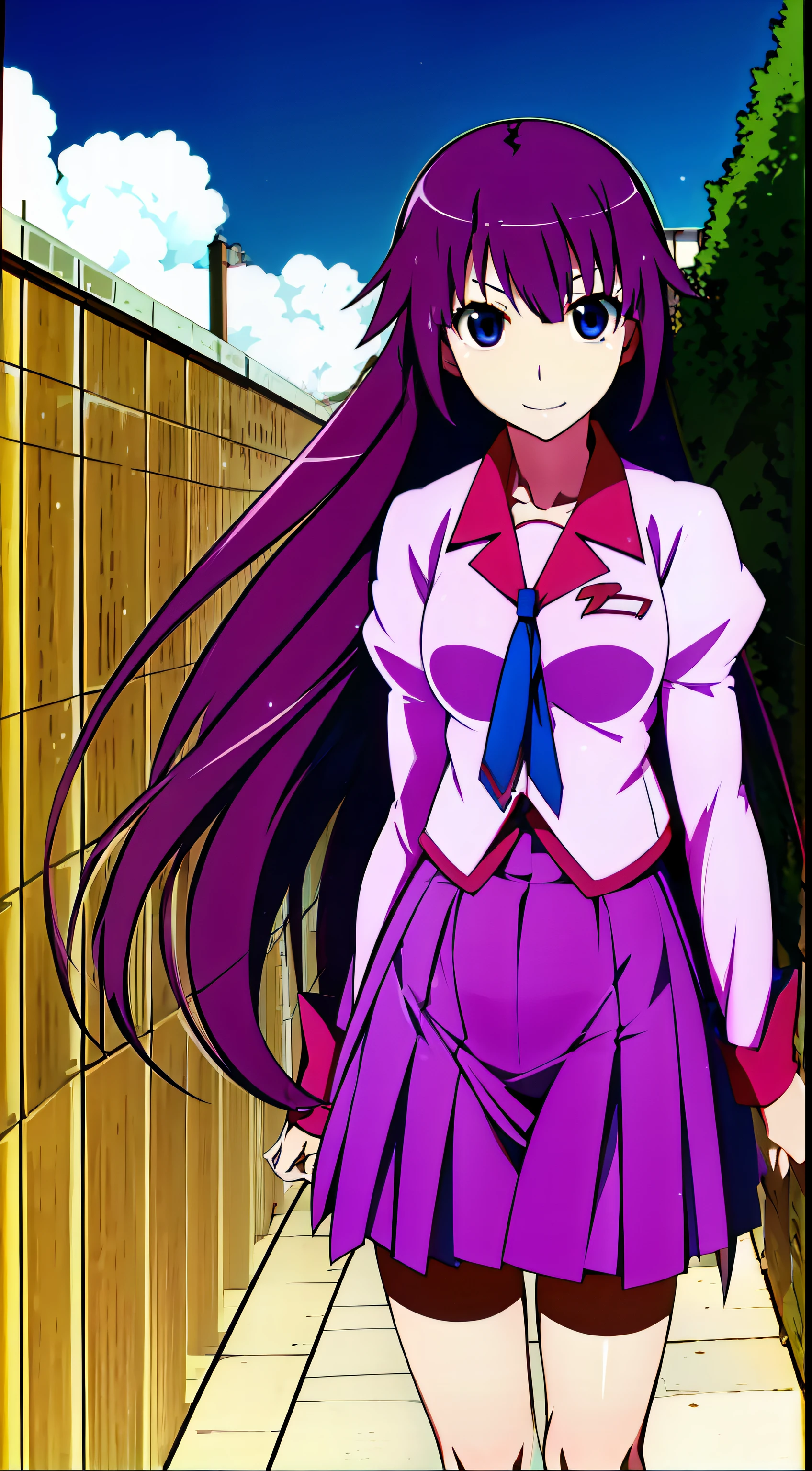 1girl in, senjougahara hitagi, 独奏,  The long-haired, naoetsu high school uniform, blue eyess, juliet sleeves, student clothes, Purple hair, The shirt,   Super long hair, Purple skirt, ,Bicycle parking、early evening、The upper part of the body、A smile