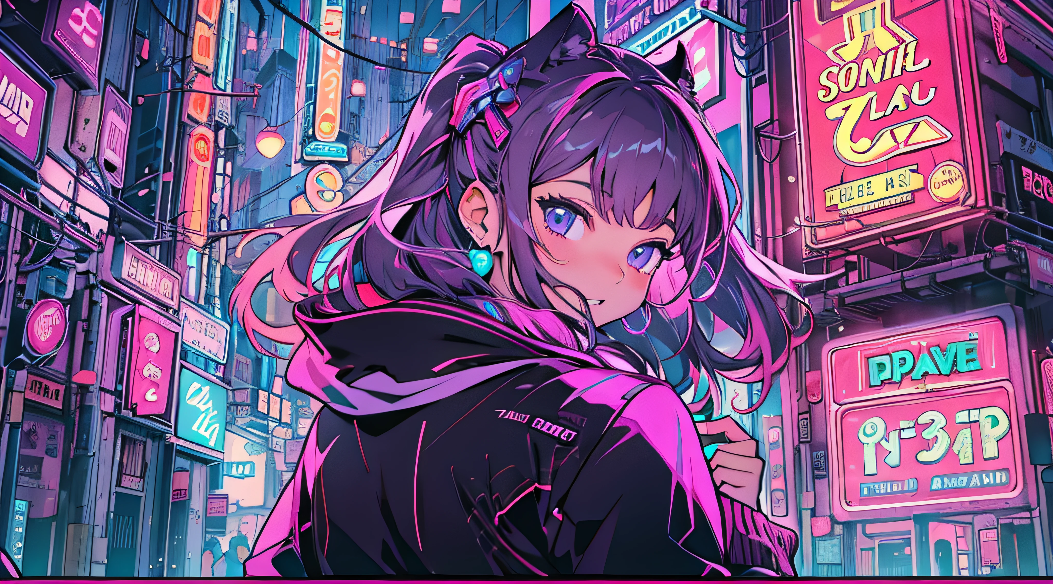 single cute adult girl in neon city