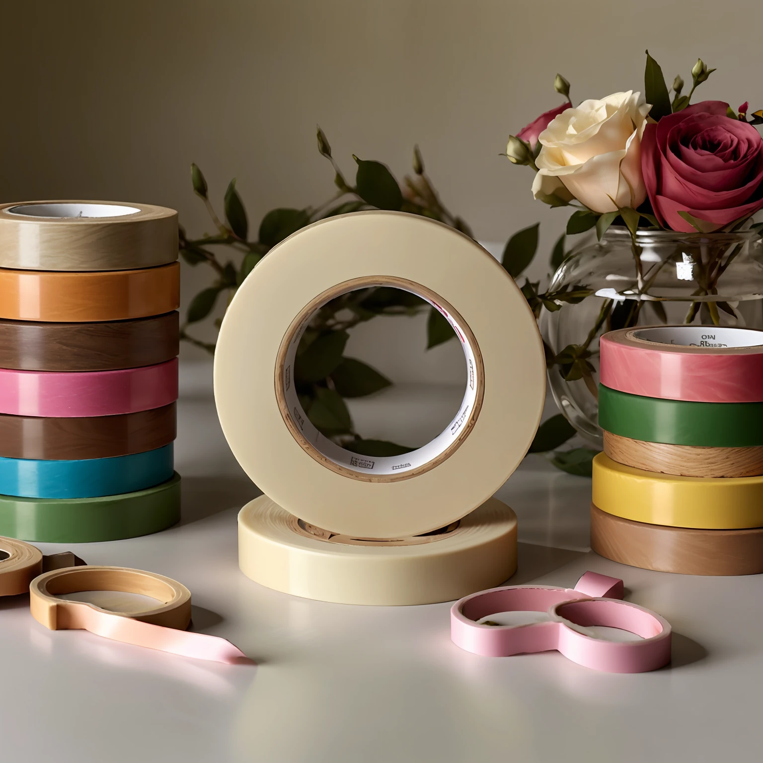 Best quality at best， Solid color tape ，Multi-volume，Neatly sorted，flor branca ， rosette， simple backgound，