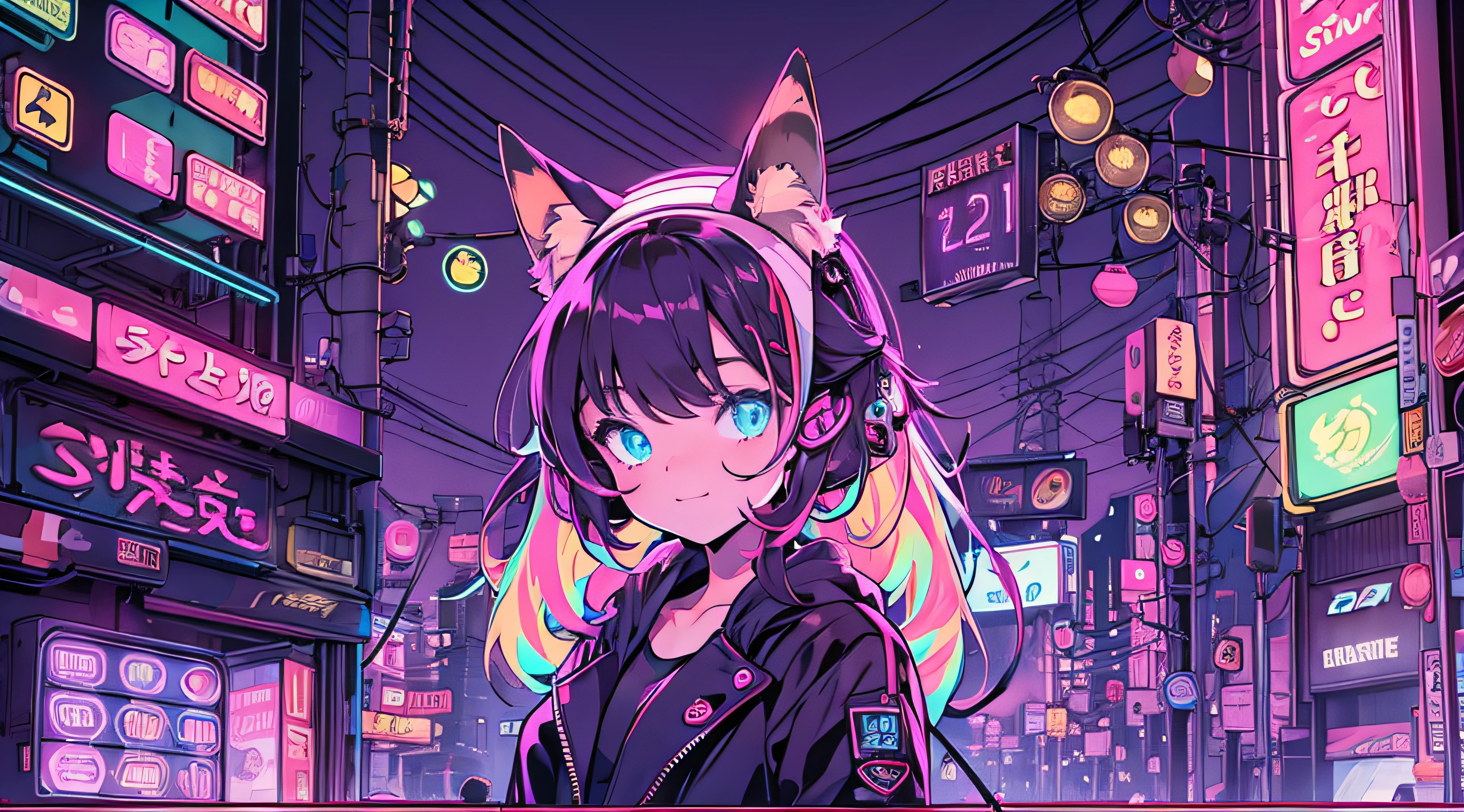 single cute adult girl in neon city