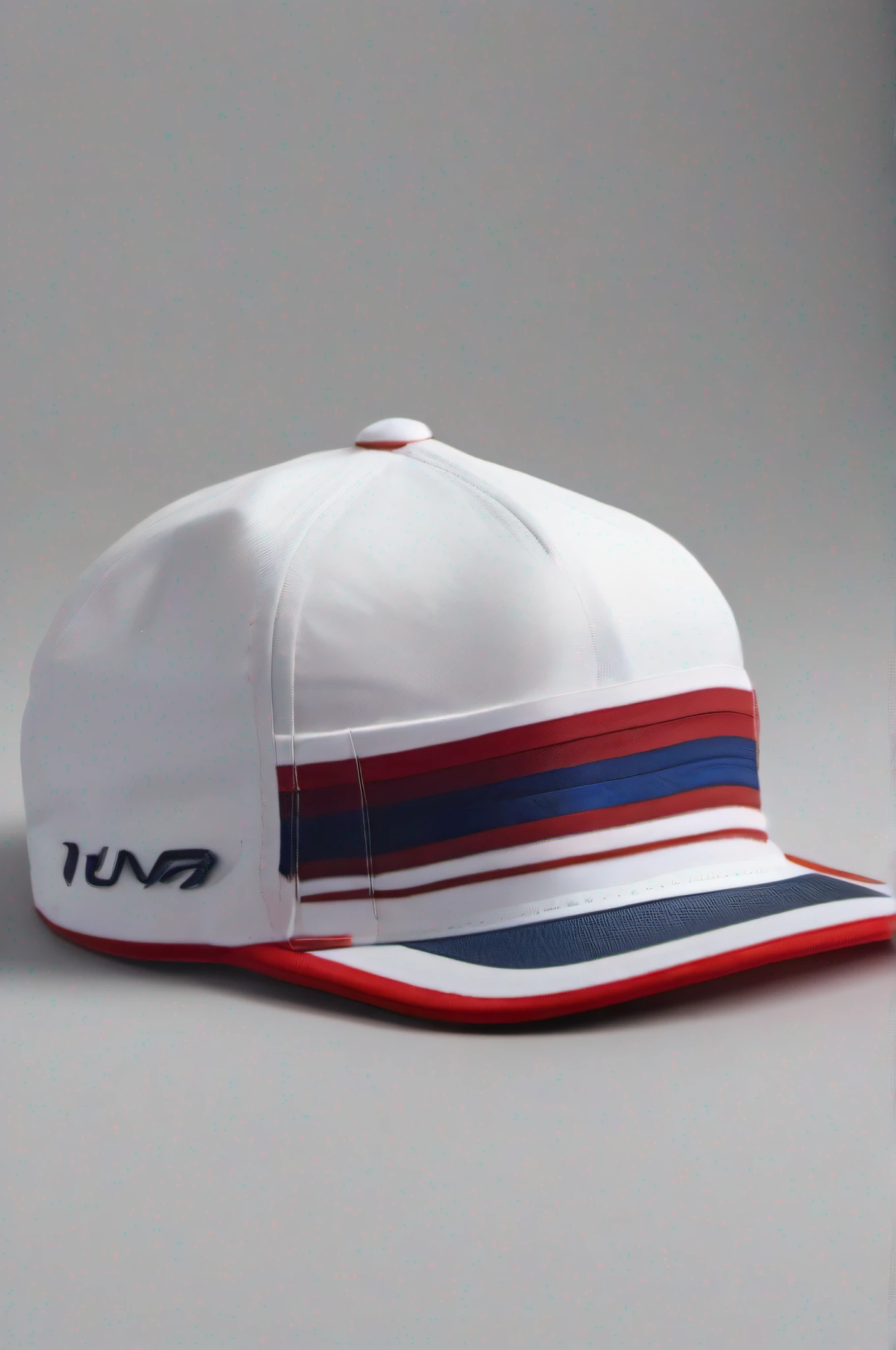 A Cap, at formula one style, white with minimal details in blue and red