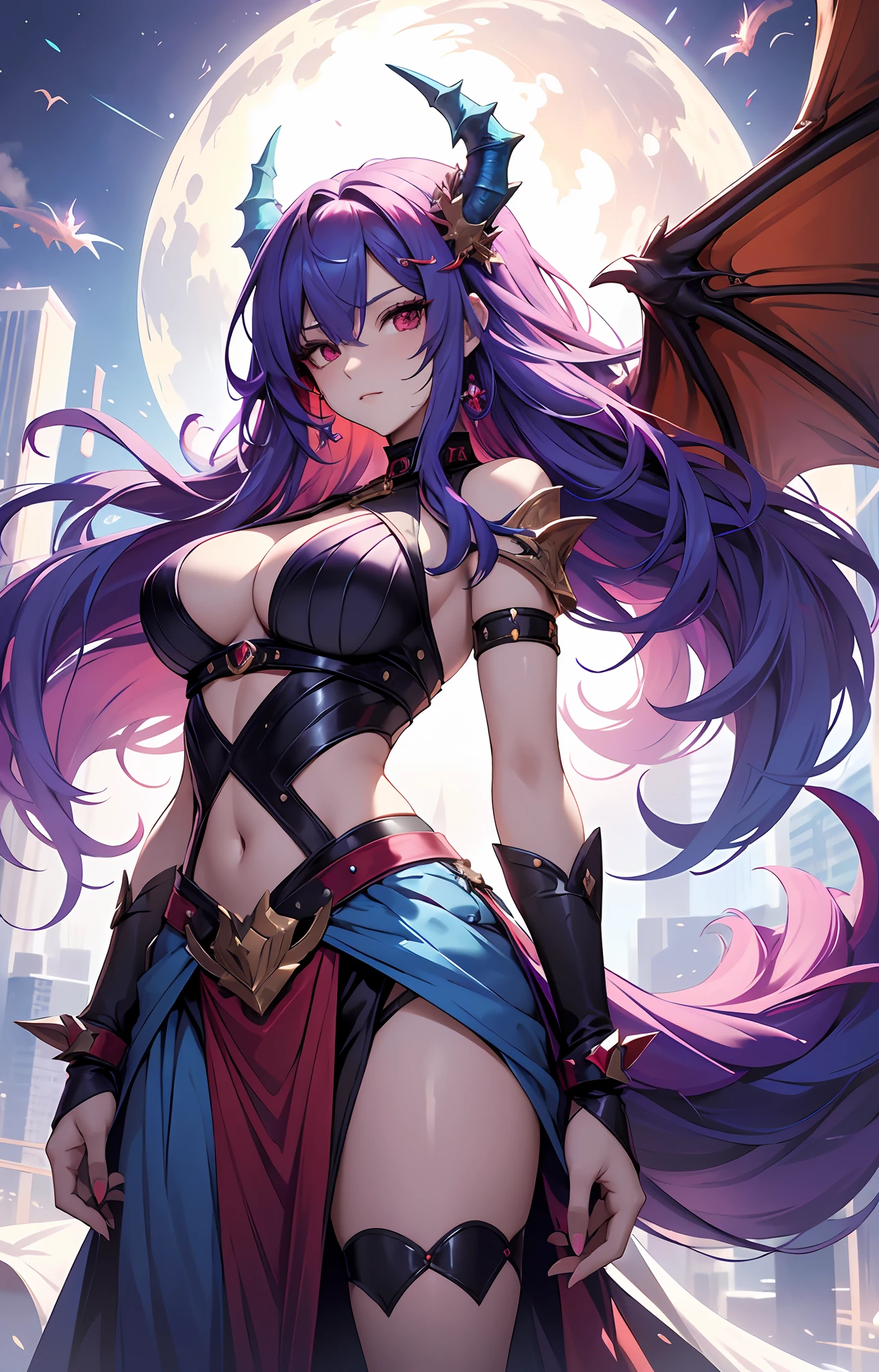 best qualityer,tmasterpiece,Ultimate resolution,downy,Extremely colorful,Colorful,Dragon beauty,A MILF,Long red and blue hair,Long messy hair,A pair of dragon horns,A pair of dragon wings,a matural female,Crop topping,Superskirt,The kinky is exposed,Dome,Skysky,Normal posture