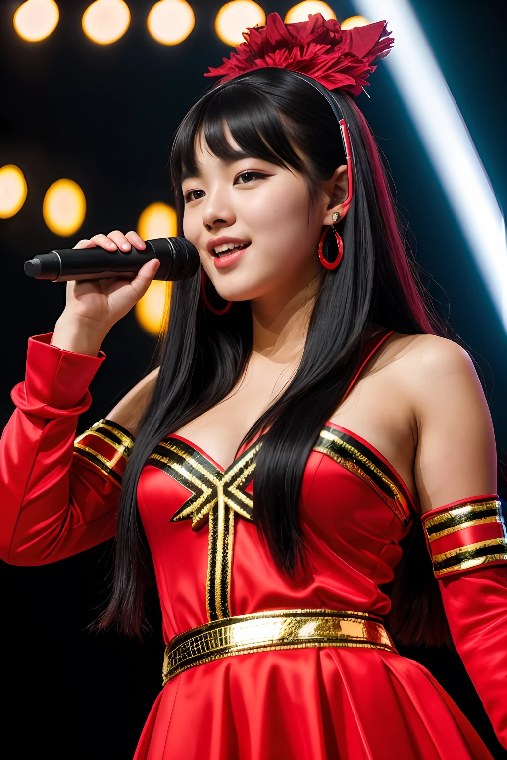 RAW photo, (closeup:1.2), portrait photo of teen Korean-French woman, red & black idol costume, on idol stage, holding microphone, natural skin, energetic pose 8k uhd, high quality, film grain, Fujifilm XT3