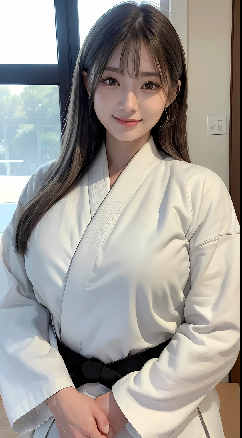 ((top-quality、8k、masterpiece:1.3))、foco nítido:1.2、Woman with muscular body:1.4、colored eyes、(de pele branca:1.5)、((Hair up to the shoulders:1.15))、((Silver-colored hair:1.2))、((colourful hair))、((Highlight Color:1.15))、((straight haired))、Wild hairstyle、Karate athlete、Hang your arms down、slim abdomen:1.2、((huge tit:1.2))、Wet body:1.1、Highly detailed facial and skin texture、 A detailed eye、二重まぶた、Crystal clear white skin、sweat-wet skin、1girl, intricate-detail, Cinematic feel, 8K, ighly detailed、(realisitic、Photorealsitic:1.37)、The ultra-detailliert、top-quality、realisitic、extremely delicate and beautiful、RAW Photography、((profetional lighting))、lighting on the face、depth of fields、Single focal length、((judo))、((Wearing a judogi))、((Highly detailed karate obi))、((Black belt in karate))、(Wearing the official karate uniform)、((long sleeve))、((No underwear))、(Muscular and healthy)、small head、Tall、((beautidful eyes))、lifelike face、True Face、 Fine eyes、(Fashionable hairstyle:1.35)、viewer、((Japan woman smiling brightly))、Desportivo、(a smile:1.15)、(a smile)、fine and beautiful eyes、(dojo:1.3)、Healthy body、