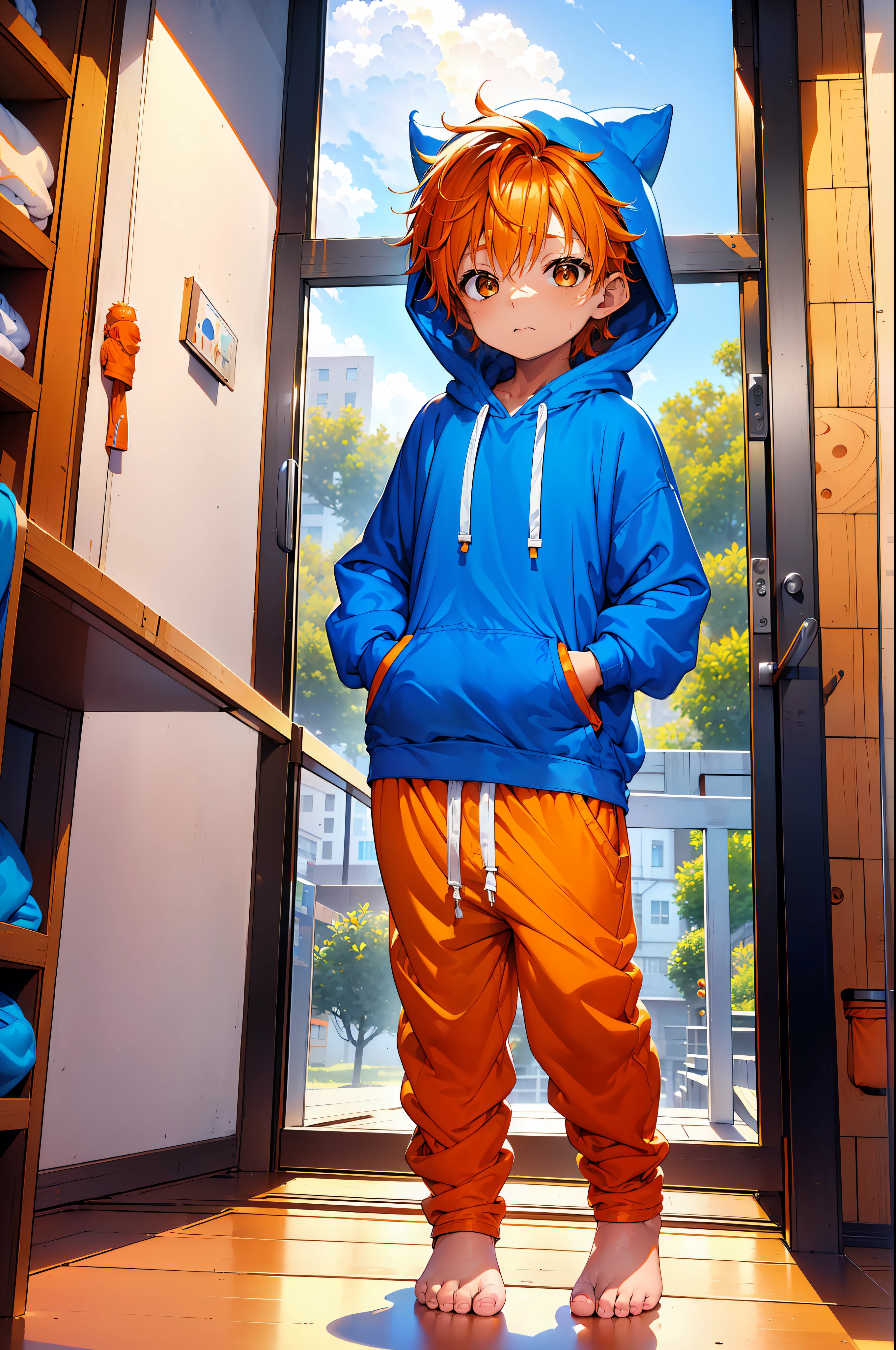 1  with Orange colored hair and shiny, glowing cyan eyes and barefoot and small feet, who wear a yellow oversized hoodie and sweatpants, die auf einem Fenstersims sitzen, flush, Jung, Junge, Kind, klein, Kleinkind, tiny feet, (Jogginghose:1.4), (Jung:1.4), (Kind:1.4), (Shota:1.4), (Kapuzenpullover:1.4),