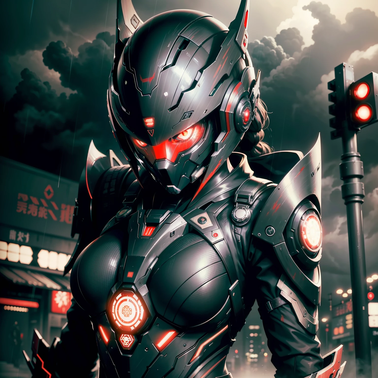 1 japanese girl, WARFRAME, intricate pattern, heavy metal, energy lines, faceless, glowing eyes, elegant, intense, blood red and black uniform, solo, modern, city, streets, dark clouds, thunderstorm, heavy rain,
dramatic lighting,
(masterpiece:1.2), best quality, high resolution, beautiful detailed, extremely detailed, perfect lighting,
