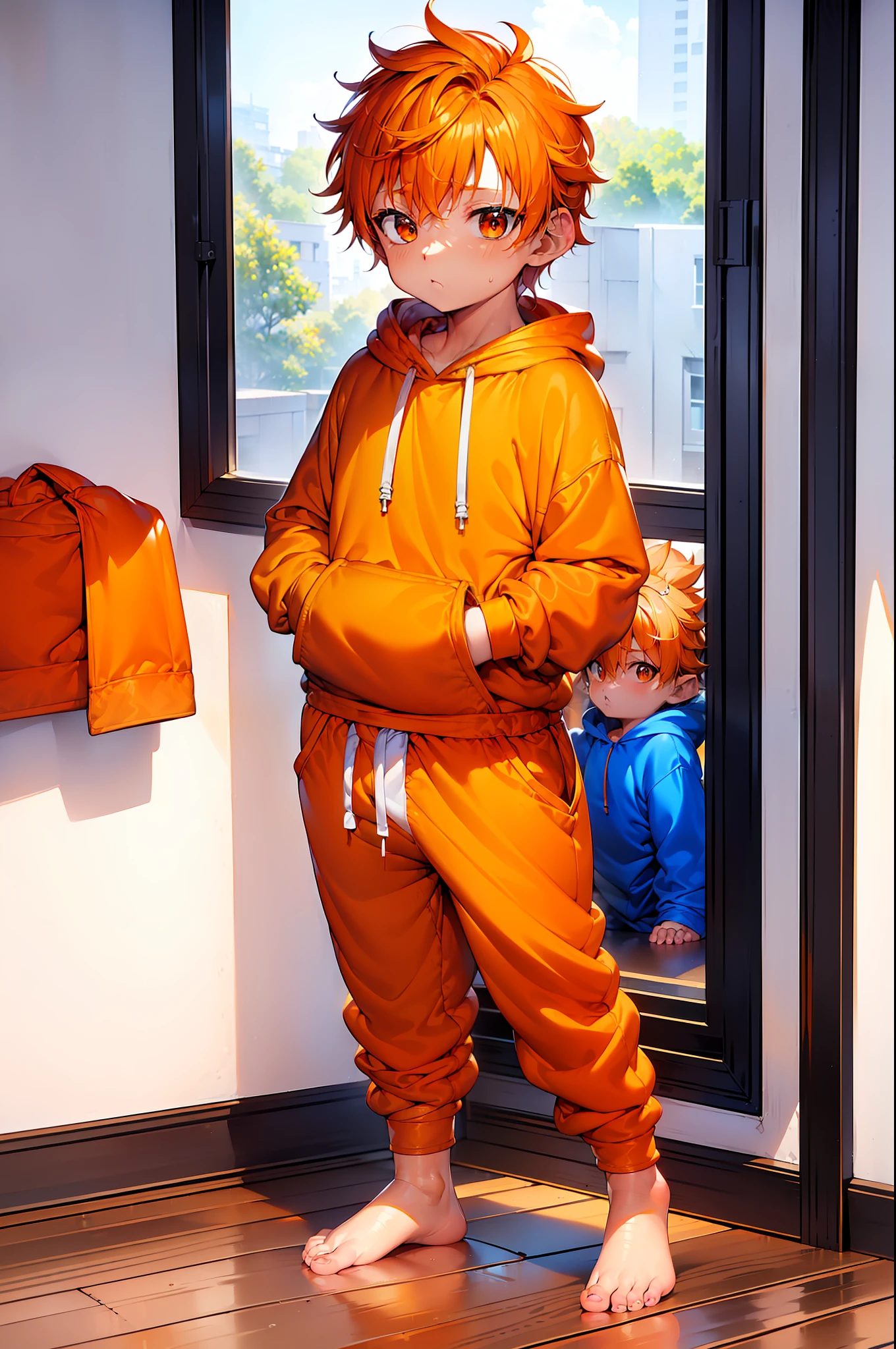 1 Little boy with Orange colored hair and shiny, glowing cyan eyes and barefoot and small feet, who wear a yellow oversized hoodie and sweatpants, die auf einem Fenstersims sitzen, flush, Jung, Junge, Kind, klein, Kleinkind, tiny feet, (Jogginghose:1.4), (Jung:1.4), (Kind:1.4), (Shota:1.4), (Kapuzenpullover:1.4),