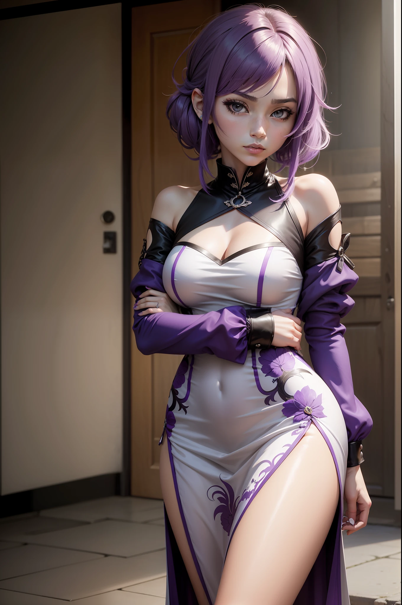 Mulher, Estilo Anime, Genshin Impact, Estilo Genshin Impact, Heroin clothing style , Pose de Batalha, Vestido Preto, Cabelos Roxo