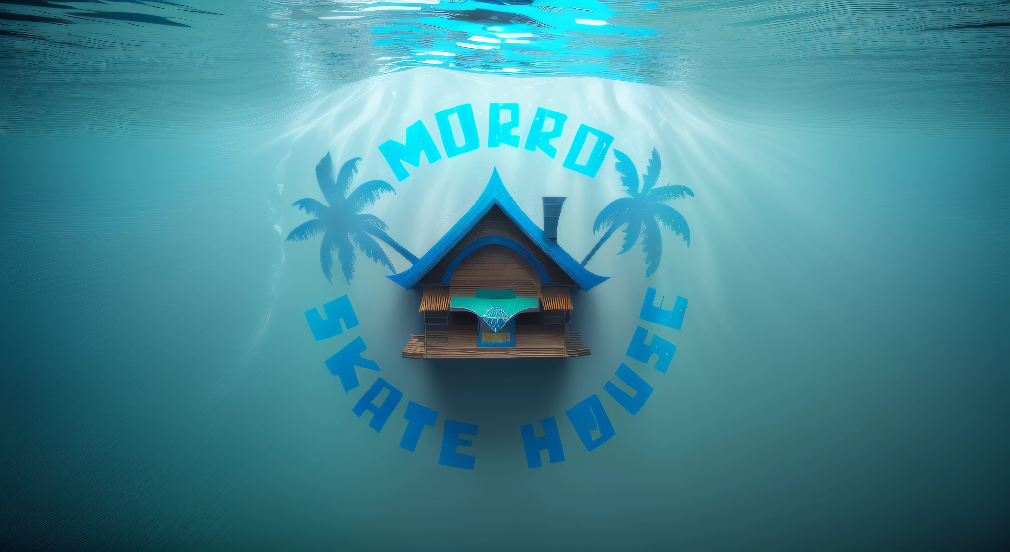 um close up de um skate com uma casa e palmeiras sobre ela, etiqueta, 【 sciart 💙💜 💋 🕹️ 😎 🚬, Logotypetype illustrated, uunderwhater, under water, no fundo do mar, underwater, no fundo do oceano, submerso, corais, treasure chest, bolhas, just under the water