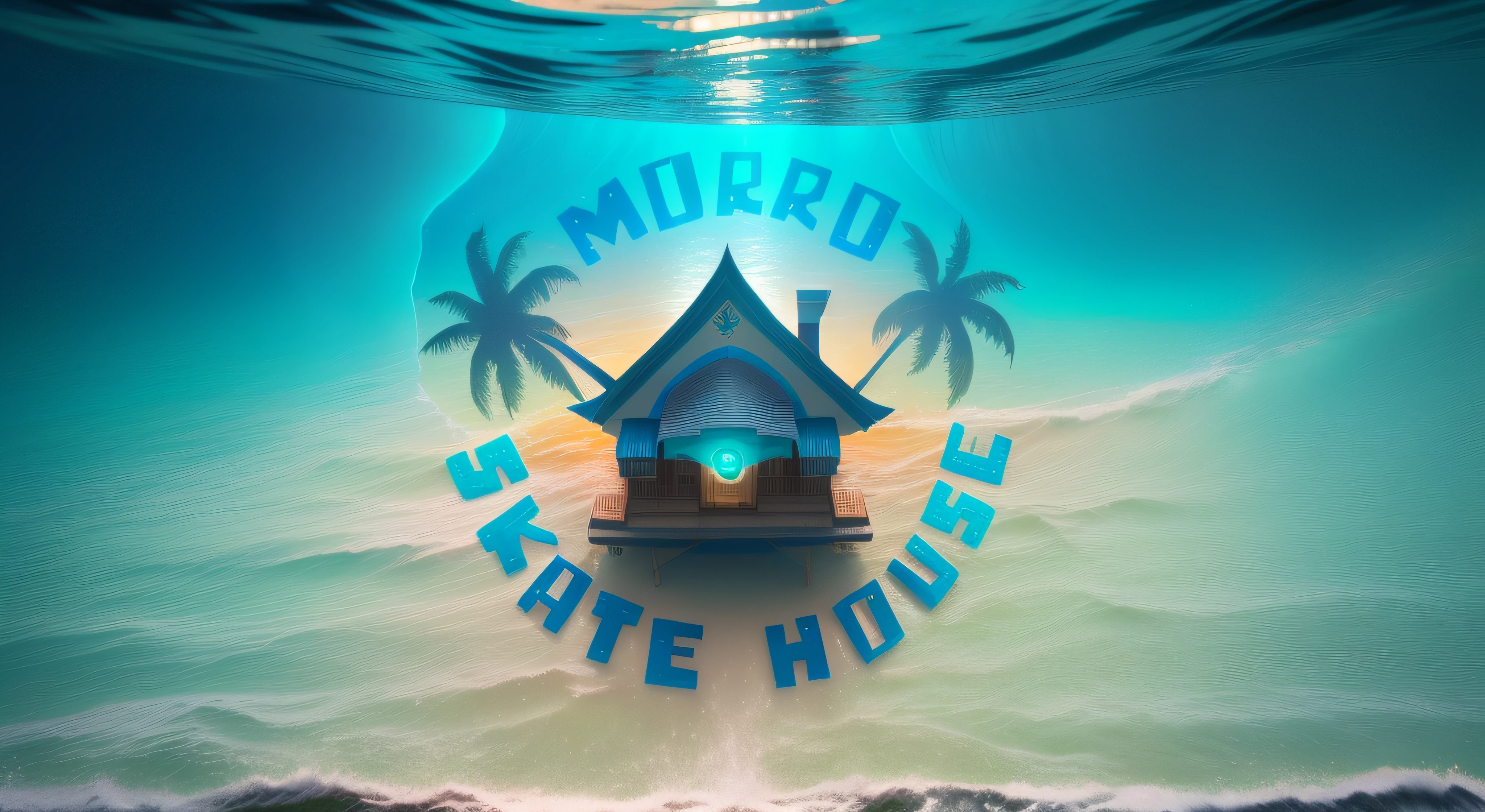 um close up de um skate com uma casa e palmeiras sobre ela, etiqueta, 【 sciart 💙💜 💋 🕹️ 😎 🚬, Logotypetype illustrated, uunderwhater, under water, no fundo do mar, underwater, no fundo do oceano, submerso, corais, treasure chest, bolhas, just under the water