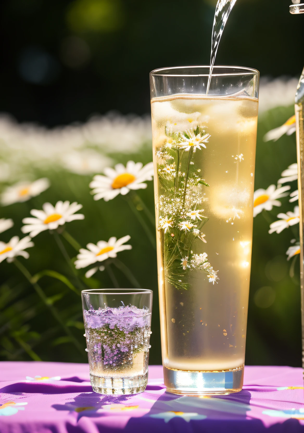 A glass with drops of water filled with carbonated drinks, translucent liquid, ice cubes, bubbles, a floral crown of daisies and lavender on picnic tablecloths, midday outdoor lighting, open air, natural background, summer day, hot weather, high detail, very humid humidity, high brightness, wet watermarks, excessive detail, surrealism, soft light, studio lighting, diffuse soft light, shallow depth of field, sharp focus, bokeke effect, light tracking, subsurface scattering, complex soft light, diffuse soft light, highly detailed glass reflection, ultra-thin (ultra-thin), ultra-thin) (thin, ultra-detailed), cinematic, surrealism, hardware, best quality, ultra-high resolution (photorealistic: 1.4), high resolution, detail, raw photography, clear reproduction, 4 kodak portra 400 stock camera, f1.6 lens, realistic texture, spectacular lighting, not a real engine, popular on artstation, cinemas up to 800,