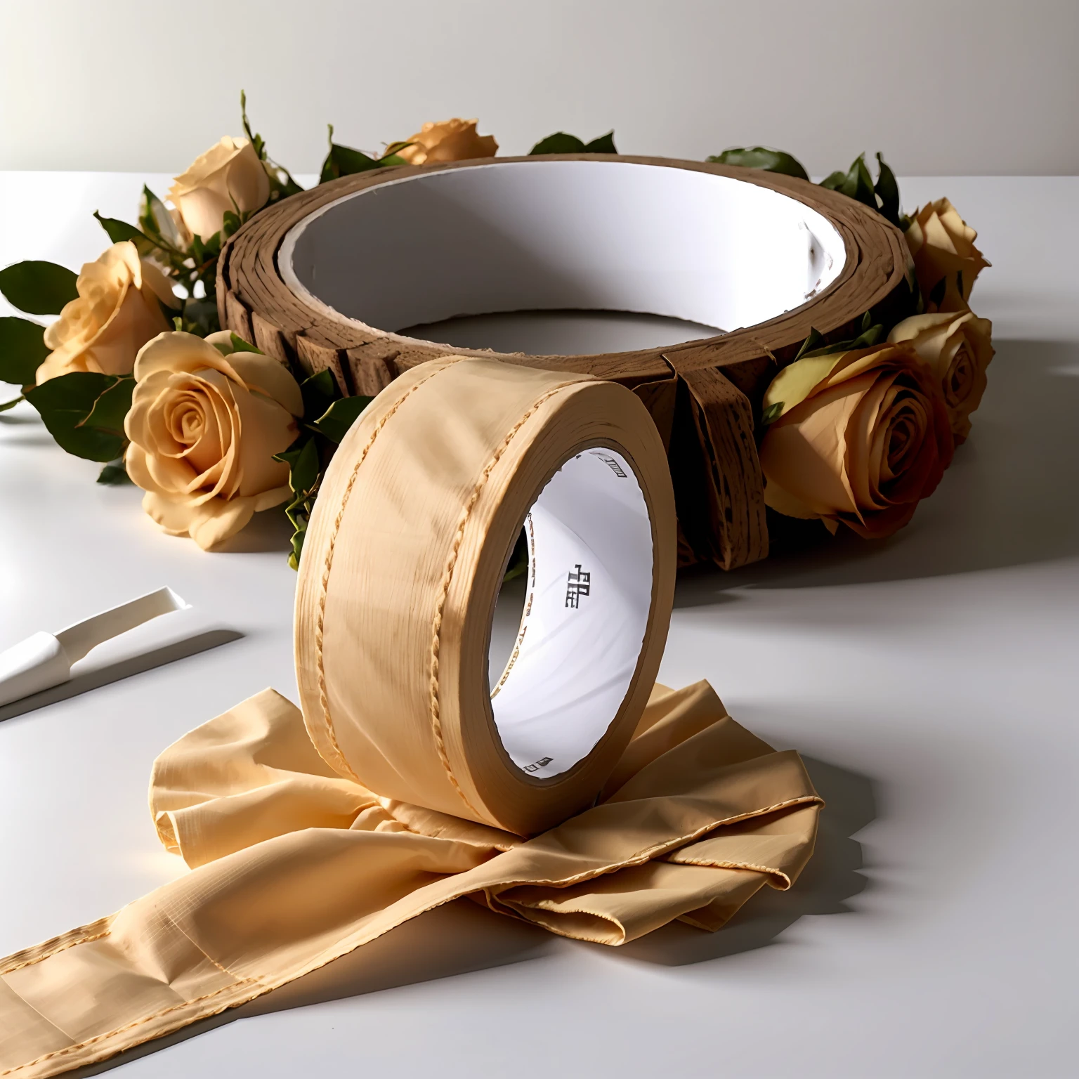 Best quality at best， Cloth tape ， flor branca ， rosette， simple backgound，