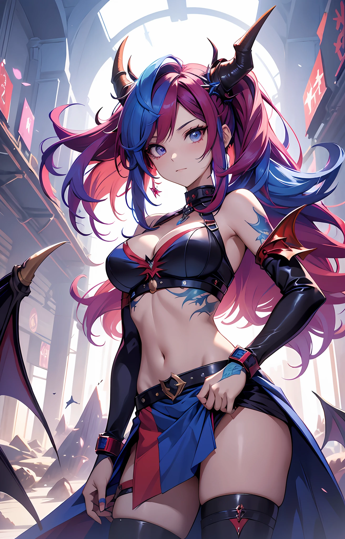 best qualityer,tmasterpiece,Ultimate resolution,downy,Extremely colorful,Colorful,Dragon beauty,A MILF,Long red and blue hair,Long messy hair,A pair of dragon horns,A pair of dragon wings,a matural female,Crop topping,Superskirt,The kinky is exposed,Dome,Skysky,Normal posture