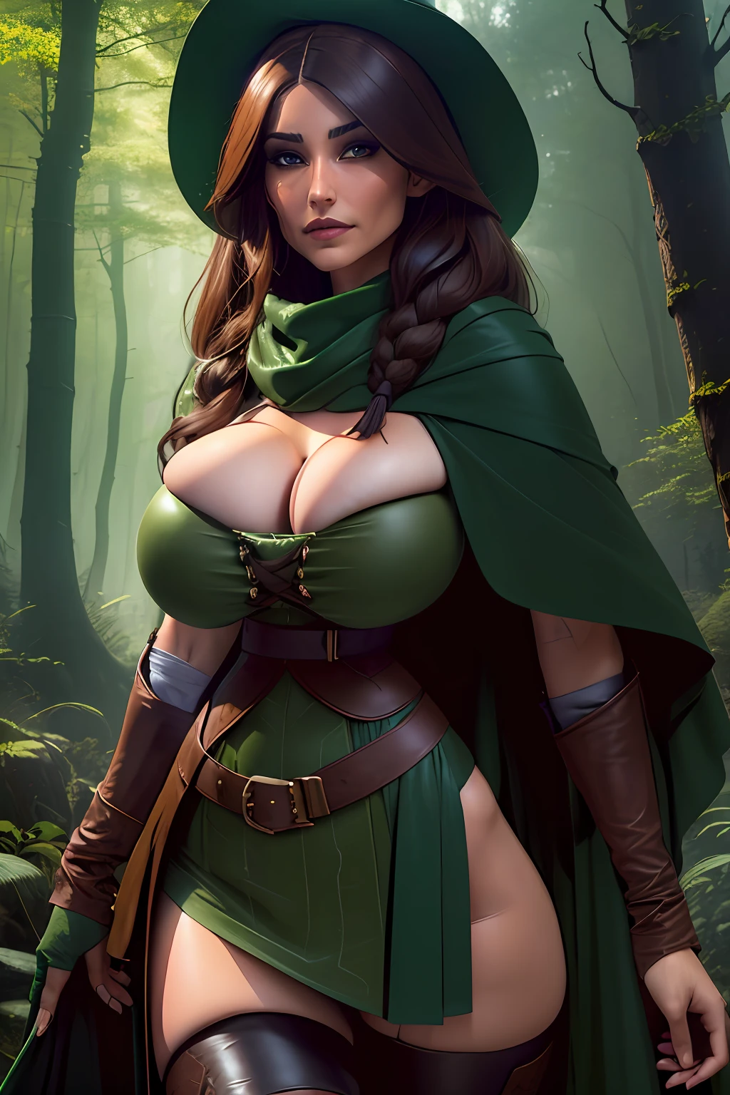 (masterpiece, top quality, best quality, official art, beautiful and aesthetic:1.2), (1girl:1.3), dark brown hair in a single braid, extremely detailed, portrait, looking at viewer, solo, (full body:0.6), detailed background, close up, cat eyes, (warm summer forest theme:1.1), elf ranger, charlatan, smirk, mysterious, walking in forest, revealing ranger attire, brown leather, cowl, cloak, corset, long boots, buckles, straps, pouches, bow and arrow, green fabric, brown leather, gigantic breasts, slim waist, slim hips, long legs, medieval (forest exterior:1.1) background, dark mysterious lighting, shadows, magical atmosphere, dutch angle, (((balsamique)))