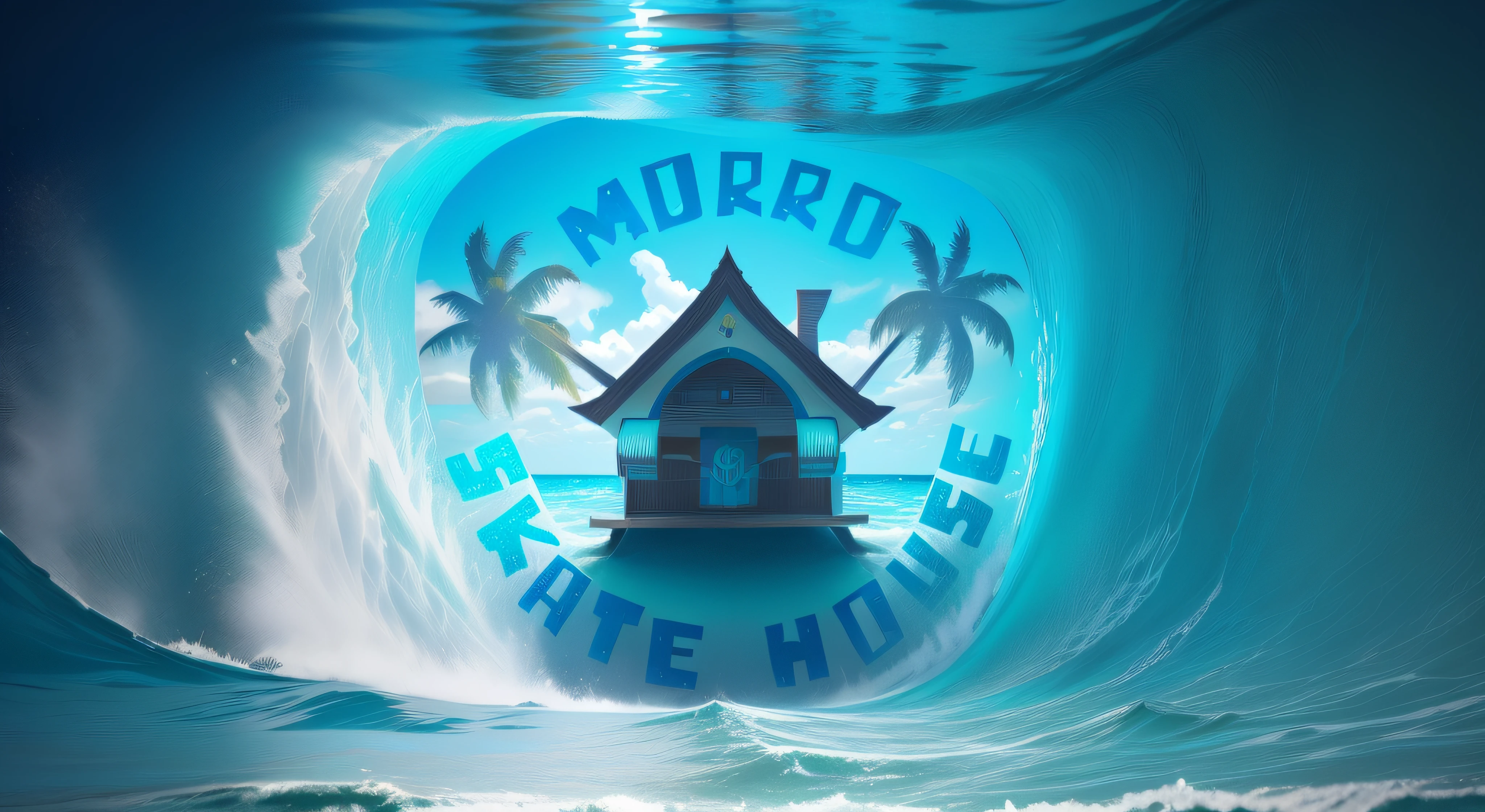 um close up de um skate com uma casa e palmeiras sobre ela, etiqueta, 【 sciart 💙💜 💋 🕹️ 😎 🚬, Logotypetype illustrated, uunderwhater, under water, no fundo do mar, underwater, no fundo do oceano, submerso, corais, treasure chest, bolhas, just under the water
