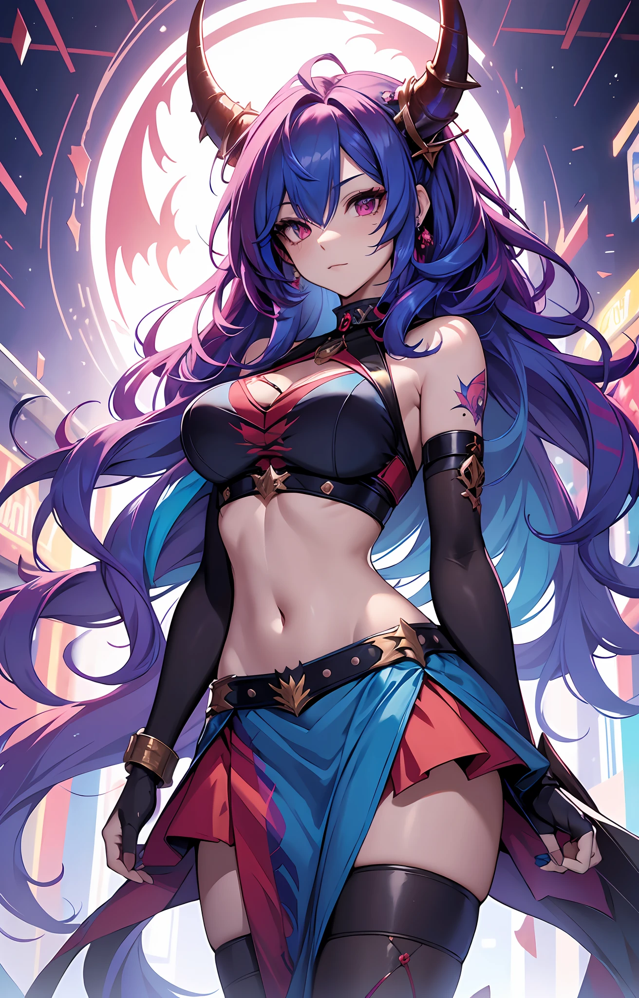 best qualityer,tmasterpiece,Ultimate resolution,downy,Extremely colorful,Colorful,Dragon beauty,A MILF,Long red and blue hair,Long messy hair,A pair of dragon horns,A pair of dragon wings,a matural female,Crop topping,Superskirt,The kinky is exposed,Dome,Skysky,Normal posture