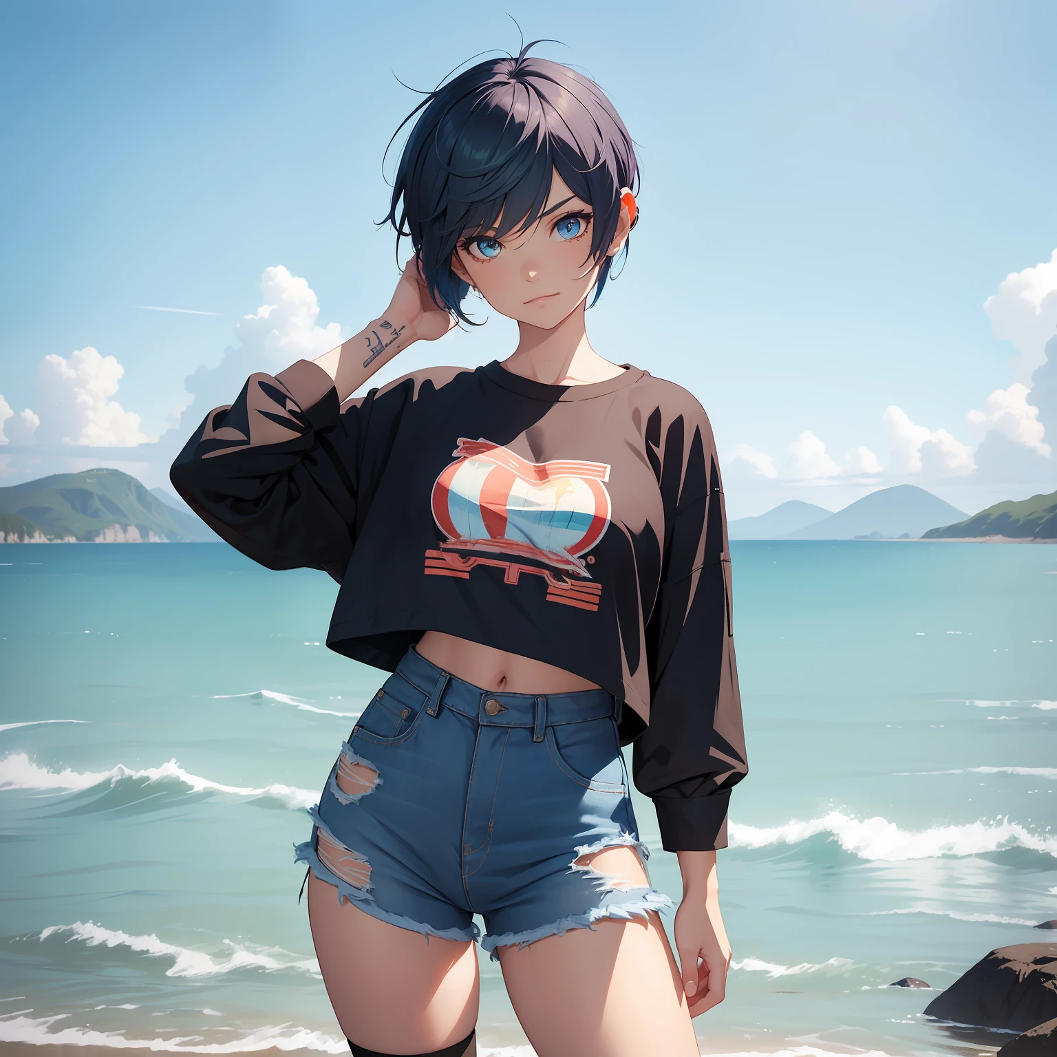 (masterpiece, best quality), photorealistic, cinematic, anime girl, (high-waisted denim shorts with a tied-up graphic t-shirt and platform sneakers:1.2), ((seaside background:1.4)), 1 girl, blue hair, ((Textured Pixie hair cut:1.5)), ((full-body shot:1.3)), head to toe visibility, perfect anatomy, curvaceous body, alluring, long round legs, medium-sized chest, perfect eyes, perfect hands, standing with a relaxed and slightly confident posture, one hip popped to the side, the model's arms can be folded loosely or one hand can rest on the hip, creating a casual stance, playful and mischievous expression, with a slight smirk or grin that adds a touch of attitude, the model's gaze can be directed at the camera, inviting a connection with the viewer, extremely detailed Artgem, ig model, artgem, alena aenami and artgem, krenz cushart and artgem, artgem and atey ghailan