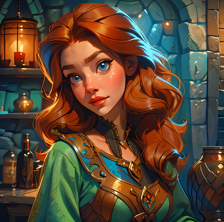 beautiful ginger women in detailed dress at cozy detailed potions shop, air above hair, IPA award wining, masterpiece, made with professional high quality camera, intense contrast, detailed painting matrix, perfect colors, perfect setup,