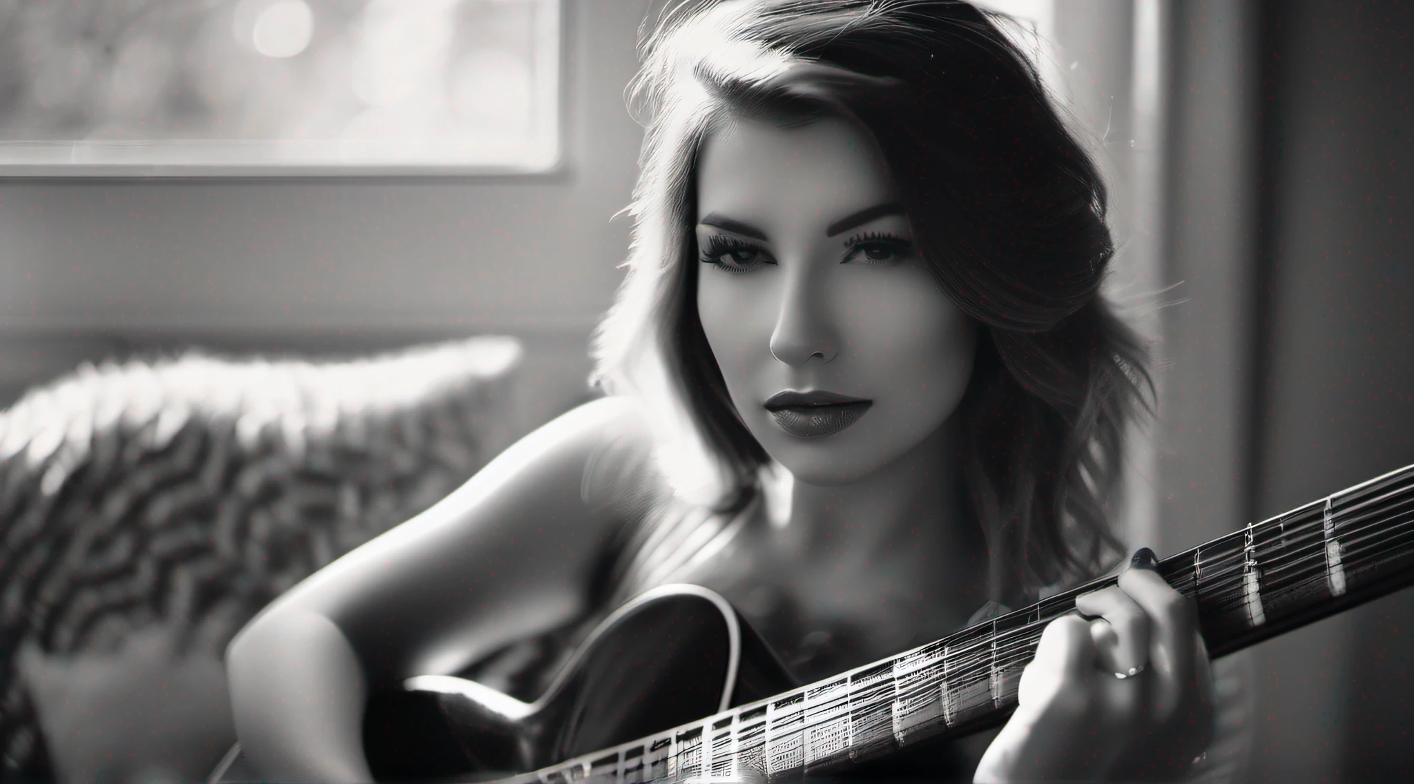 Professional photograph of a beautiful woman,lying on a pouf, holding a electric guitar, smokey, backlighting, HD, a black and white photo, inspired by Bert Hardy, pexels contest winner,high quality photo,fujifilm, bokeh, f1.8