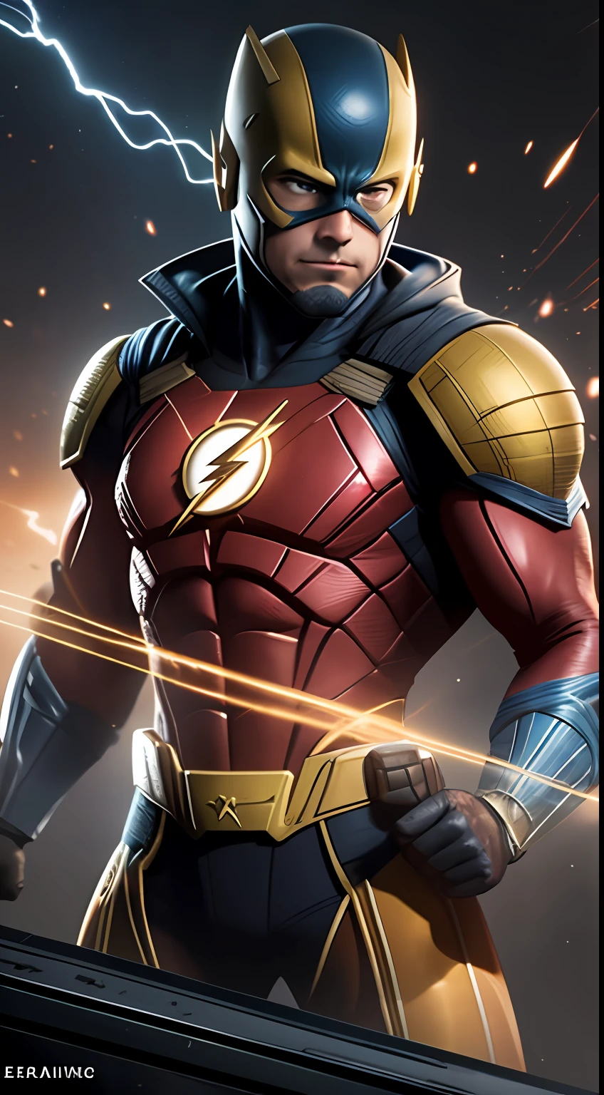 O Flash (Injustice 2), melhor qualidade, alta resolução, alto, musculoso, hunk, placas brancas e (terno neon vermelho escarlate), grandes olhos amarelos brilhantes, Standing powerfully pose, yellow lightning trail, rosto detalhado, terno detalhado, ultra detalhado, obra-prima, tunnle de luz no fundo, 8k, foto crua, volumeric lighting, low camera angle